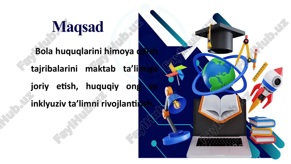 sosida treninglar tashkil etish.. sinf rahbarlari, psixolog, huquq o`qituvchisi yil davomida o‘quvchilarning huquqiy madaniyati shakllanadi va o‘z huquqlarini amalda qo‘llay oladi. 2.ota-onalarning bola huquqlari bo‘yicha savodxonligining pastligi ota-onalar uchun bolaning huquqlari bo‘yicha seminarlar, onlayn vebinarlar va amaliy mashg‘ulotlar tashkil etish. maktab direktori, sinf rahbarlari, huquq o`qituvchisi yil davomida ota-onalar o‘z farzandlarining huquqlarini chuqur tushunadi va amalda qo‘llaydi. 3.inkluziv ta’lim tizimi sekin rivojlanmoqda imkoniyati cheklangan bolalar uchun inklyuziv ta’lim muhitini shakllantirish, maxsus metodikalar asosida o‘qituvchilarni tayyorlash va maktab infratuzilmasini moslashtirish. maktab direktori, o‘tibdo‘, uslubiy birlashma rahbarlari yil davomida maktabda inklyuziv ta’lim uchun sharoitlar yaratiladi va o‘qituvchilar maxsus metodikalarni bilib, qo‘llay oladi e’tiboringiz uchun rahmat image1.png image2.svg image2.png image4.svg image3.png image4.png image5.png image6.png image7.png image8.png image9.png image13.png image10.png image14.svg image11.png image12.png image14.png image15.png image24.svg image16.png image17.png image18.png image19.png /docprops/thumbnail.jpeg