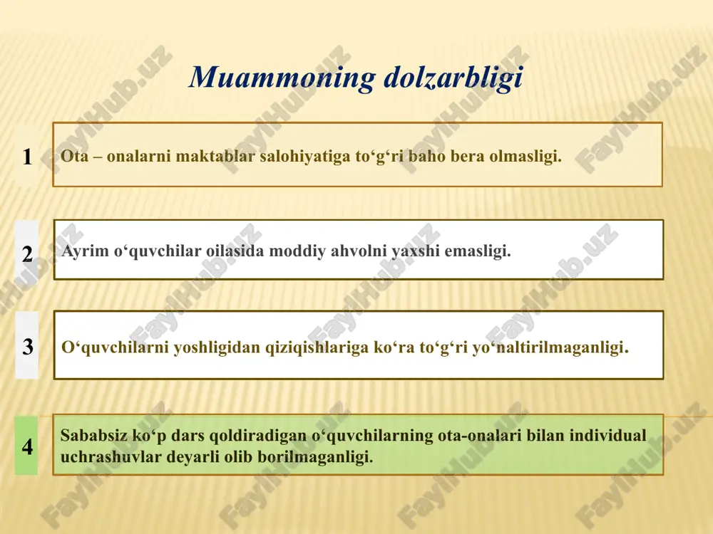 maktablarni saralaydi, tanlaydi. buyuk britaniyada bu holat aksincha ularda tanlov o‘tkazilmaydi. barcha maktablar tenglik tamoyili asosida yaratilgan. o‘zbekistonda ham o‘quvchilar ta’lim olishida maktablarda tenglikni yaratish zarur 9 xulosa mavzu yuzasidan o‘zimizda va xorijiy davlatlar tajribasidan kelib chiqib xulosa qiladigan bo‘lsam, ota-ona farzand ta’lim-tarbiyasiga birinchi o‘rinda mas’ul bo‘lmas ekan, biz hech qachon maktablarda ta’lim sifatini yuqoriga olib chiqolmaymiz. biz bolaga tarbiya bermay turib, unga ta’lim bera olmaymiz. tahlillar shuni ko‘rsatadiki, maktabda ta’lim sifatini o‘qituvchilar, ota-onalar va jamoatchilik vakillari yordamida ko’tarishimiz mumkin. so‘ngi yillarda davlatimizda ta’lim sohasida juda katta o‘zgarishlar yuz bermoqda. ta’lim tizimini rivojlantirish uchun yangi qonunlar va farmoyishlar qabul qilinmoqda. buning yaqqol misoli sifatida 2024-yil 5-fevralda davlatimiz rahbari boshchiligida bo‘lib o‘tgan yig‘ilishda ham maktablardagi og‘riqli masalalardan tarbiya va ma’naviyat to‘g‘risida to‘xtaldi. davlatimiz rahbari ta’lim sohasida faoliyat yuritayotgan rahbarlarga ta’lim, tarbiya va ma’naviyat bo‘yicha maktablarga yangi muhit olib kirish vazifasi qo‘yildi. agar har bir ota-ona ta’limga oid me’yoriy hujjatlardagi majburiyat va …