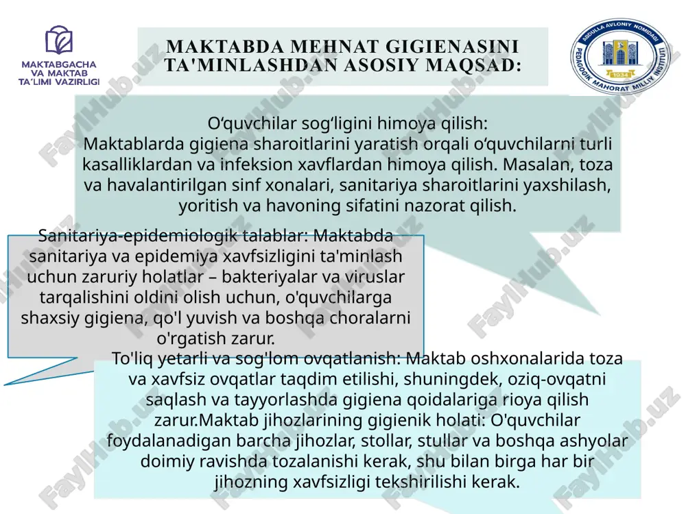 orijiy tajribalar: buyuk britaniya maktabda toza muhit yaratish: buyuk britaniyada maktablarda gigiena va sanitariya xizmati alohida diqqatga sazovor. sinf xonalarining tozalanishi va maktabning umumiy sanitariya holati doimiy ravishda nazorat qilinadi. o'qituvchilarga gigiena bo'yicha treninglar: o'qituvchilarga va maktab xodimlariga gigiena qoidalari, mehnat xavfsizligi va salomatlikni saqlash bo'yicha muntazam treninglar o'tkaziladi. maktabda psixologik qo'llab-quvvatlash: o'quvchilarning ruhiy salomatligini ta'minlash maqsadida, buyuk britaniyada psixologik xizmatlar taqdim etiladi, bu o'quvchilarga stressni boshqarishga va salomatlikni saqlashga yordam beradi. xorijiy tajribalar: avstraliya gigiena va kasalliklarni oldini olish: avstraliyaning ayrim mintaqalarida maktablarda kasalliklarning tarqalishini oldini olish maqsadida, masalan, gripp va boshqa infektsiyalar uchun muntazam vaksina kampaniyalari o'tkaziladi. bundan tashqari, o'quvchilarga gigiena va sog'lom turmush tarziga oid maxsus darslar tashkil etiladi. toza va xavfsiz muhit yaratish: avstraliyaning ko'plab maktablarida o'quvchilar va o'qituvchilar uchun xavfsiz mebel va asbob-uskunalar mavjud. maktabda jismoniy tarbiya darslarida xavfsiz va ergonomik jihozlardan foydalaniladi. o'quvchilarning salomatligini monitoring qilish: o'quvchilarning salomatligini kuzatish uchun sog'liqni saqlash bo'yicha muntazam …
