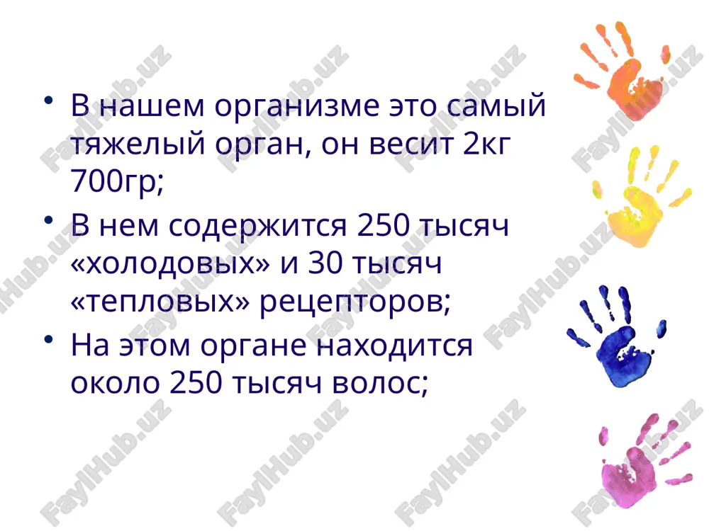 y lishay chesotka travmi ojogi (i-iv stepeni) obmorojeniya domashnee zadanie 39-41 prezentatsiya uchit! znat! budet pismennaya rabota! terining qaysi qismida qon va limfa tomirlari mavjud? terining qaysi qismida yog ‘va ter bezlari mavjud? ushbu funktsiyalardan qaysi biri teri dermasiga tegishli? terining qaysi qismi tanadan issiqlikni chiqarishga to'sqinlik qiladi? teri dermasi qanday to’qmaga kiradi? epitelial to'qimalarning qaysi turi teri epidermisini hosil qiladi? teri kasalliklarini davolovchi shifokor..... terida issiqni sezuvchi retseptorlar soni… terida sovuqni sezadigan retseptorlar....? terida taktil yani tuygu retseptorlari soni nechta? teriga rang beruvchi pigment va hujayra qaysi? teri nechta qavatdan iborat? terining tashqi qavati...deyladi terining o'rta qavati.... deyladi. terining ichki qavati... deyladi e’tiboringiz uchun katta rahmat ! toshkent shahridagi yodju texnika institutu kimyo va biologiya kafedrasi “yosh fiziologiyasi va gigiyenasi” fani ma'ruzachi phd dosent abdullayev asilbek e-mail: a.abdullayev@ytit.uz 25 image3.png image5.png image1.png image2.png image6.png image7.png image8.png image9.jpeg image10.gif image11.png image12.png image13.jpeg image14.png image15.png image16.jpeg image17.png image18.png image19.jpeg image20.png image21.gif …