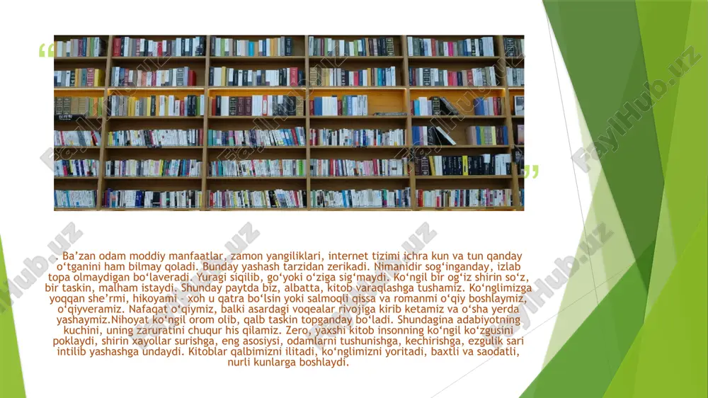 o‘zini-o‘zi tarbiyalashida kitob ham bilim manbai, ham o‘zini yaxshi tomonga o'zgartirish, taqqoslash, taqlid qilish, munozara yuritish, bahslashishda ma’lum darajada ko‘zgu vazifasini o‘taydi. hayotda inson yolg‘iz o‘zi yashay olmaydi. albatta, atrofidagi odamlar bilan munosabatda bo‘ladi. ana shu munosabatlarda qiynalgan, to‘g‘ri yo‘l izlagan paytda suygan kitobimizga murojaat qilamiz. ba’zan ulardan quvvat olib, tog'ri yo‘lni o'zimiz uchun lozim tutamiz. demak, biz avvalo kitobdan ilmni, sabrni, insonlar bilan go'zal muomalada bo'lishni hamda kechirimli bo'lishni o'rganamiz. buyuk shoir va mutafakkir hazrat alisher navoiy: "kitob - beminnat ustoz. u har daqiqa bizni donishmandlarning bilim xazinasi bilan oshno eta oladi", degan edilar. image1.jpeg image2.png image3.jpg image4.jpg image5.jpg /docprops/thumbnail.jpeg