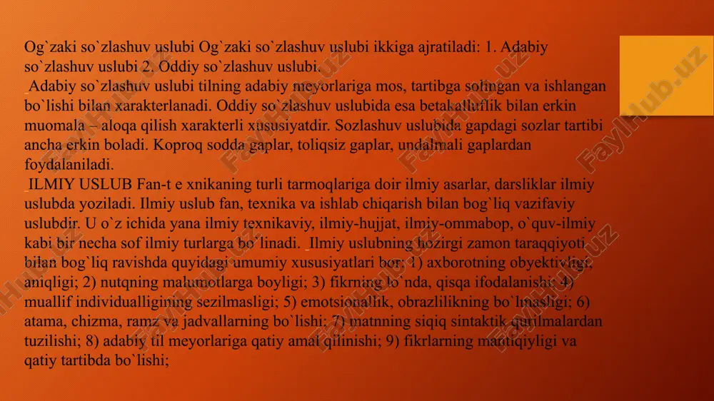 ing yozma shakliga mansubdir. radio va televideniyeda chiqayotgan siyosiy sharhlovchilar, notiqlarning nutqlari esa publitsistik uslubning og`zaki shaklidir. publitsistik uslubning o`ziga xos xususiyati shundaki, u muayyan ijtimoiy masalalarga faol munosabatda bo`lish, hozirjavoblik, ta’sirchanlik belgilariga ega. bunday nutq uslubida ijtimoiy-siyosiy tushunchalarni ifodalovchi so`zlar ko`proq qo`llaniladi. m., isyon, irqchilik, qo`poruvchilar, siyosiy tanglik, bitim va boshqalar. publitsistik uslub - matbuot, radio, teleko`rsatuvga xos bo`lgan tildir. bu uslub rasmiy va dolzarb xabarlar, axborotlar, e’lonlar, reportaj, bosh maqolalardan iborat bo`ladi. ularda fikr kichik hajmdagi ommabop jumlalar orqali ifodalanadi. zarur o`rinda asoslar keltiriladi. shuning uchun ham rasmiy xabarlarda publitsistik uslub - matbuot, radio, teleko`rsatuvga xos bo`lgan tildir. bu uslub rasmiy va dolzarb xabarlar, axborotlar, e’lonlar, reportaj, bosh maqolalardan iborat bo`ladi. ularda fikr kichik hajmdagi ommabop jumlalar orqali ifodalanadi. zarur o`rinda asoslar keltiriladi. shuning uchun ham rasmiy xabarlarda «muxbirimizning xabar berishicha, elchixona xodimining so`ziga ko`ra, muxbirimiz voqea ro`y bergan joydan xabar beradi ...» va hokazo iboralar qo`llanadi. har …