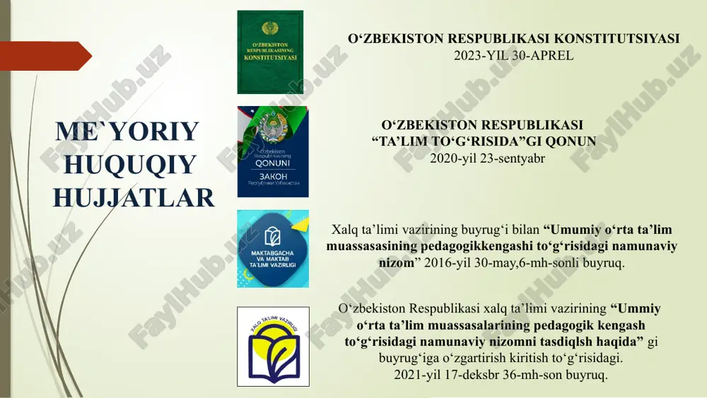 rni o‘z ichiga olgan yangi yo‘llarni qidirib topishda va dars jarayonlarini mustahkamlashda yordam berishda juda muhim. maktablarda pedagogik kengashlar faoliyatini har oyda olib borilishini me’yoriy hujjat bilan tasdiqlash va bevosita ta’lim tizimiga maktabning o‘quv-tarbiya jarayonidan kelib chiqib takliflar kiritib borishini belgilab qo‘yish. 9 xulosa ta’lim muassasasida pedagogik kengash faoliyati samaradorligini oshirish va shaffofligini ta’minlash jamoadagi sog‘lom raqobat va o‘zaro hamkorlik muhitining barqarorligini ta’minlashda, ta’lim muassasasida o‘quv-tarbiyaviy va sinfdan tashqari ishlarning muhim masalalarini hal qilishda hamda ta’lim sifatini yanada yaxshilashda pedagogik kengash maktabning haratlantiruvchi kuchi hisoblanadi kengash yig‘ilishlarining bayonnomasi, qabul qilingan qarorlar, hisobotlar maktab saytida va boshqa ochiq manbalar orqali muntazam e’lon qilib borilishini ta’minlash kerak. taklif pedagogik kengash yig‘ilishlarida ovoz berish jarayonlarini google.drive va telegram so‘rovnomalari orqali olish. natijalarni joyida monitorlarda aks ettirishni ta’minlash shu ovozlar orqali pedagogik kengash qarorlarini qabul qilish lozim. maktab pedagogik kengashi majlislarining ochiqligini va qarorlarining shaffofligini hamda vazifalarning o‘z vaqtida, sifatli bajarilishini nazorat qiluvchi platforma …