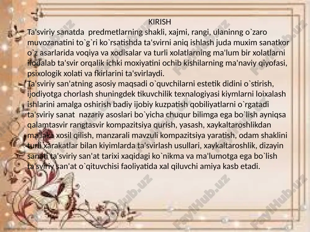 alar tasviridan tashkil topishi xususida ham so'z yuritiladi. o'simliksimon naqshlar barg, daraxt, gul va boshqa narsalar shaklini naqqosh tomonidan soddalashtirilib yoki murakkablashtirilib ma’lum qonuniyatlar (stilizatsiyalash) asosida takrorlanishidan hosil qilinadi.doira shaklidagi naqshlarga urg'u beriladi. doira shaklidagi naqshlardan namunalar ko'rsatiladi. bunda oqituvchi shu viloyatning o'ziga xos so'zana, do'ppi, belbog', gilamlari asosida suhbat uyushtirishi mumkin. o'qituvchi doira naqsh tasvirlangan san’at asarlarining reproduksiyalari slaydlaridan keng foydalanishi tavsiya etiladi. suhbat jarayonida o'quvchilar e'tibori so'zana, gilamlar, ro'mollar, do'ppilarda ishlatiladigan naqsh elementlari, ularning o'ziga xos xususiyatlari, naqsh ustalari va ular haqida ma’lumot berishga qaratiladi. xulosa foydalanilgan adabiyotlar r.hasanov. tasviriy san`at va badiiy mehnat. – t.: 1999. m.nabiyev. rangshunoslik. – t.: 1995. r.hasanov. tasviriy san`at. – t.: 2002. h.egamov. o`zingiz bo`yang va bajaring. – t.: 1996. h.egamov. bo`yoqlar bilan ishlash. – t.: 1997. a.s.o`rolov. mo`jiza yaratish san`ati. – t.: 1996. a.navoiy asarlariga ishlangan rasmlar. b. oripov. tasviriy san`at va uni o`qitish metodikasi. – t.: 2005. image1.jpeg audio1.wav image2.jpeg …