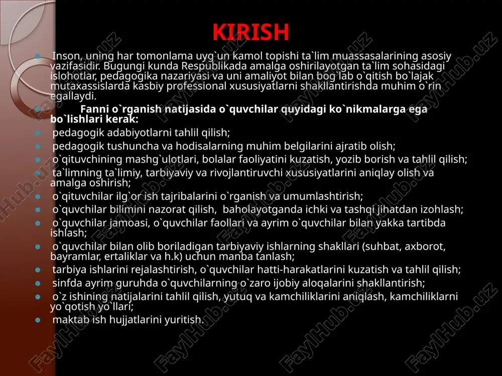 izadi. xalq ta’limi tizimi respublikamizning aql, zakovat va ilm borasidagi kuch quvvatini, jamiyat, oila va davlat oldidagi o’z mas’uliyatini anglaydigan, har jihatdan barkamol erkin shaxsni shakllantirish maqsadini ko’zlaydi. xalq ta’limi tizimi o’zbekiston respublikasining konstitutsiyasi va o’zbekiston respublikasining davlat mustaqilligi asoslari to’g’risidagi qonunga muvofiq tashkil etiladi va nazorat qilinadi. mustaqill respublikamiz konstitutsiyasining 18 va 41 moddalarida ta’kidlanganidek, jumhuriyatimizda yashovchi barcha fuqarolar jinsi, irqi, millati, tili, dini, ijtimoiy kelib chiqishi , e’tiqodi va ijtimoiy mavqeidan qat’iy nazar bilim olish huquqiga ega.shuningdek, bepul umumiy ta’lim olish davlat tomonidan kafolatlangandir. yoshlarga umumiy majburiy o’rta ta’lim berishning amalga oshirilishi o’qitishni hayot bilan unumli mehnat bilan bog’lash asosida rivojlantirish bilan o’quvchilarga va talabalarga davlat stipendiyalari va imtiyozlar berish bilan maktab darsliklarini tekin berish bilan( qisman) , maktabda davlat tilida (o’zbek tili) o’qitish imkoniyatlarini yaratib berish bilan kafolatlanadi. ota-onalar farzandlarini o’zlari xohlagan tilda o’qitishlari kafolatlangan. o’zbekistonda ta’lim tizimi davlat va ijtimoiy xususiyatga ega bo’lib, doimo davlat nazoratida …