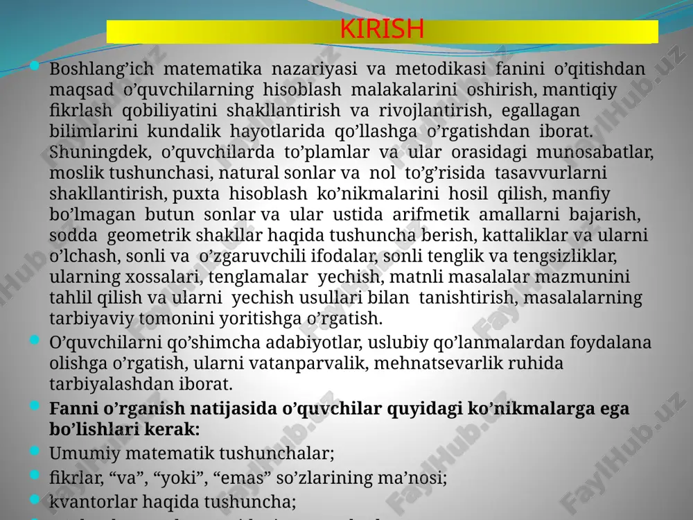 asosidir. yuz ichidagi sonlarni nomerlashni o’rganishda o’qituvchining vazifasi bolalarga predmetlarni bittalab, gruppalab sanashgna urgatish, yuz ichidagi sonlarni ukish va yozishga urgatish, bolalarga ungdan chapga xisoblaganda birliklar ( i xona birliklari), o’nliklar (ii xona birliklari) kaysi uringa yozilishini aniklash, u yo bu xona birliklari yukligini qanday belgilashni kursatish, birinchi va ikkinchi xona birliklari, xona soni, xona kushiluvchilarning yigindisi, bir va ikki xonali sonlar kabi tushunchalar va terminlarni o’quvchilar o’zlashtirib olishlariga erishishdan iborat. nomerlashni o’rganishda ikki boskich ajratiladi: 11-20 sonlarni va 21-100 gacha bulgan sonlari nomerlash. 20 gacha bulgan (11-20) ikki xonali sonlarni va 20 dan (21-100) katta bulgan ikki xonali sonlarni nomerlash bir-biriga uxshash, bu sonlarni ogzaki va yozma nomerlash sanokda birliklarni untalab gruppalashga va sonlarni yozishda rakamlarning urin kiymatlari printsipiga asoslanadi. 10 dan katta sonlarni yozma nomerlash sanoqda birliklarni unli gruppalashga va rakamlarning urin kiymatlari printsipini kullashga asoslangan: ungdan chapga karab sanalganda birliklar birinchi uringa, o’nliklar ikkinchi uringa yoziladi. ikki …