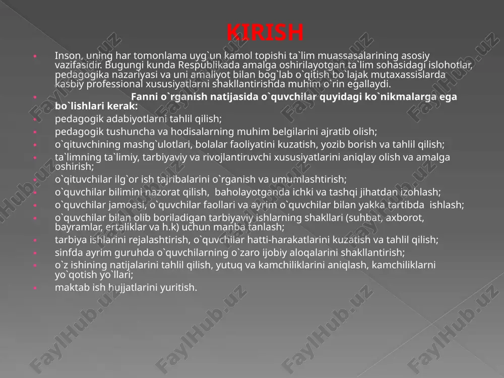 a ishlarini amalga oshirish a yengil bo'ladi va muvaffaqiyati ta'minlanadi. yaxshi uyushgan, sog’lom jamoada o'quvchilarning fikri juda katta tarbiyaviy kuchga ega bo'ladi va tarbiya jarayonida o'qituvchilarning tayanchiga aylanadi. o’z manfaatini jamiyat manfaatlari bilan qo'sha bilish, bir-birigai o'zaro yordam berish kabi qimmatli fazilatlar awalo jamoada llanadi. o'quvchilar jamoasida har bir shaxsning kamolga ni, hamda sinfda va umuman maktabda do'stlik rishtalarini ahkamlash uchun qulay sharoit yaratmoq darkor. shuni ham aytish kerakki, ba'zan tarbiya jarayonida jamoa bilan shaxs o'rtasidagi qarama-qarshiliklarni bartaraf qilishga ham to'g'ri keladi. o’quvchilarda jamoa manfaatini ko'zlash, jamoachilik hissi, avvalo birgalikda o'qish va mehnat qilish jarayonida mustahkamlanadi. o'qituvchi va tarbiyachi o'zining tarbiyaviy ishlarida hamma o'quvchilar jamoasiga va ular orasidagi faol o'quvchilarga tayanmog'i, o'quvchilarni turli ishlarni birgalikda bajarishga odatlantirib, ularga jamoachilik ruhini singdirib borishi lozim. tarbiyada bola shaxsini hurmat qilish va unga talabchanlik tarbiyachi avvaliga bolalardan biror narsani talab qilib, so'ngra o’zining bu talabini unutib qo'ysa yoki keyingi ishlarida o'zi bu talabga …