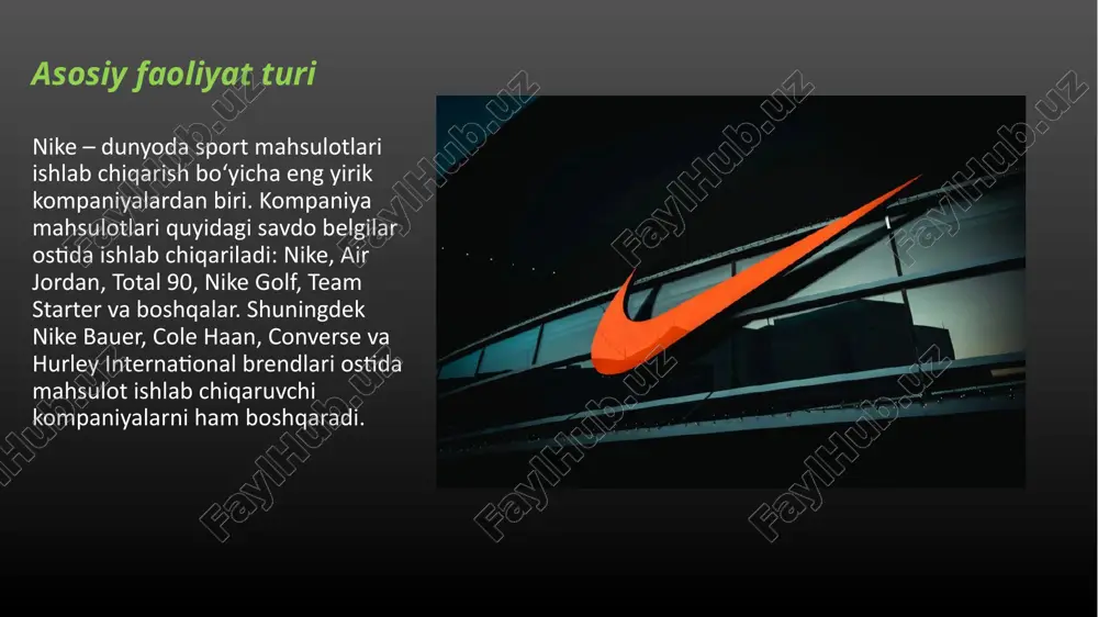 a bir necha bor turli xil sport tadbirlarining homiysi sifatida ish olib bormoqda. nike o'z mahsulotlarini futbol sohasida muvaffaqiyatli qo'llab-quvvatlaydi, bu erda an'anaviy ravishda o'z raqobatchisini olib borgan. kompaniya muvaffaqiyatining katta qismi nike brendi tomonidan ishlab chiqarilgan ko'p millionli ixlosmandlar armiyasiga tushadi. foydalanilgan manbalar http://www.nike.com http://www.nike.news.uz http://www.uzbaboutnike.uz http://www.company.nike.com http://www.shoesnike.ru http://www.nikenews.com http://www.productsofnike.en e’tiboringiz uchun rahmat ! image2.png image3.png image4.png image5.png image6.png image7.png image8.png image9.png image10.png