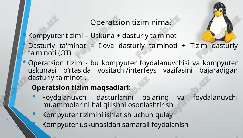 dan foydalanilayotganini kuzatib boring. xotirada bo'sh joy paydo bo'lganda, qaysi jarayonlarni yuklashni hal qiling. zarur bo'lganda xotira maydonini ajrating va ajrating. 13 3. fayllarni boshqarish fayl - bu uning yaratuvchisi tomonidan belgilangan tegishli ma'lumotlar to'plami. fayl tizimlari qattiq disk kabi saqlash qurilmasida ma'lumotlarni kodlash, saqlash va boshqarish uchun konventsiyalarni ta'minlaydi. fat12 (floppi disklar) fat16 (dos va windowsning eski versiyalari) fat32 (windowsning eski versiyalari) ntfs (windowsning yangi versiyalari) ext3 (unix/linux) hfs+ (maks os x) operatsion tizim fayllarni boshqarish bilan bog'liq quyidagi harakatlar uchun javobgardir: ✦ fayl yaratish va oʻchirish. ✦ katalog yaratish va oʻchirish. ✦ fayllar va kataloglarni manipulyatsiya qilish uchun primitivlarni qo'llab-quvvatlash. ✦ fayllarni ikkilamchi xotiraga joylashtirish. ✦ barqaror (uchuvchan bo'lmagan) saqlash muhitida faylni zaxiralash. 14 4. qurilmani boshqarish yoki i/u boshqaruvi qurilma kontrollerlari protsessor va haqiqiy qurilma o'rtasidagi interfeys vazifasini bajaradigan anakartdagi (yoki kengaytirish kartalaridagi) komponentlardir. qurilma boshqaruvchilari bilan o'zaro ta'sir qiluvchi operatsion tizim dasturiy komponentlari bo'lgan qurilma drayverlari …