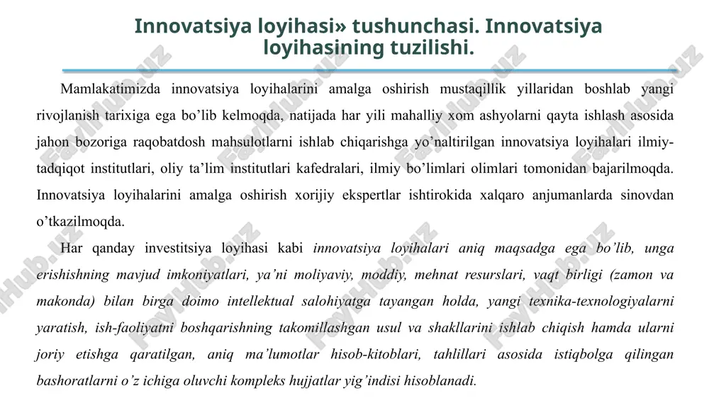 i hayotiy tsikllari muddatlari ham shunchalik qisqarib boradi. shunday qilib, yangilik yaratuvchi ijodkorlarning g’oyalari, ixtirolari, kashfiyotlari va h.k., ya’ni innovatsiya jarayonii asosini tashkil etuvchi novatorlarning mahsulotlari eksperimental tariqasida tekshirilib, innovatsiya loyihasi shaklida ehtimoli bo’lmish risklar asosida amaliyotga joriy etiladi. xxi asrda asosiy e’tibor texnik va texnologik yangiliklarni joriy etilishiga, energoresurslarni tejash texnologiyalariga asoslanadi. innovatsiya loyihasi tushunchasi. innovatsiya loyihasining tuzilishi. innovatsiya loyihasining hayotga tadbiq etilishi, har qanday investitsiya loyihasidek texnik-iqtisodiy asoslanishi, loyiha tahlilini jahon amaliyotida qo’llaniladigan dinamik usullari yordamida aniqlanadigan va kelajakda kutiladigan samaradorlik ko’rsatkichlarining maqbulligi bilan aniqlanadi. innovatsiya loyihalari har qanday investitsiya loyihasi kabi tanlov asosida amalga oshiriladi. innovatsiya loyihasi tushunchasi. innovatsiya loyihasining tuzilishi. innovatsion loyihalarni rejalashtirish. loyihaning muvaffaqiyati va uni belgilovchi mezonlar biznes-rejani tuzishda asosiy masalalar sifatida quyidagilarga ajratish mumkin: - innovatsiya loyihasini amalga oshirishda kutilayotgan moliyaviy – iqtisodiy ko’rsatkichlar (sotish hajmi, mahsulot tannarxi, mahsulotdan keladigan foyda va boshqalar); - bankning innovatsiya mahsuloti, mahsulot bozori, raqobatchilar haqida ishlab chiqqan …
