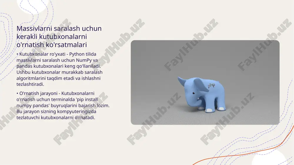 lib, ular orasida konsol orqali yoki grafik interfeys orqali kiritish ko'p qo'llaniladi. massivlarni saralash jarayonini optimallashtirish usullari • saralash algoritmlari - saralash jarayonida qo'llaniladigan algoritmlar masalan, tezkor saralash va birlashtirish saralash usullari samaradorlikni oshirishda muhim ahamiyatga ega • parallel hisoblash - massivlarni saralash jarayonini optimallashtirishda parallel hisoblash texnikalari har bir elementni alohida qayta ishlashni ta'minlaydi bu esa vaqtni tejashga yordam beradi • ma'lumotlar tuzilmalari - doimiy ravishda optimal ma'lumotlar tuzilmalari, masalan, to'g'ri daraxtlar, massivlarning saralash jarayonini tezlashtirishda foydalidir • cacheni samarali ishlatish - massivlar bilan ishlashda cache samaradorligini oshirish va qidiruv vaqtini qisqartirish uchun optimal strategiyalarni ishlatish muhimdir massivlarni saralashda grafik ko'rsatkichlar yordamida natijalarni taqdim etish • grafik ko'rsatkichlarning ahamiyati - grafik ko'rsatkichlar ma'lumotlarni tez va aniq tushuntirishda muhim rol o'ynaydi. ular saralash jarayonini vizual ravishda ifodalashga yordam beradi. • turli grafiklar - boshqa grafiklar, jumladan, chiziqli diagrammalar va ustun diagrammalari massivlarni saralash jarayonidagi natijalarni ifodalash uchun keng qo'llaniladi. merge …
