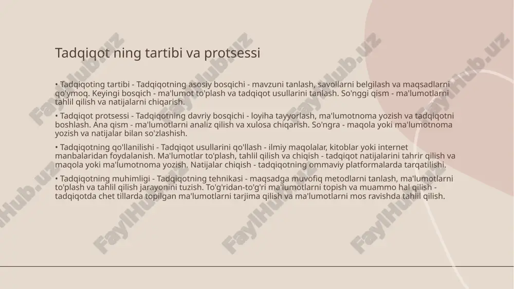 alishini, maqsadlarini va muqobil o'ziga qaratishini ta'minlaydi. tadqiqot fanining rivojlanishi • tadqiqot fanining tarixi - tadqiqot fanining rivojlanishi uchun eng muhim bo'lgan voqealar haqida ma'lumot. • tadqiqot yo'nalishlari - tadqiqot fanining rivojlanishi jarayonidagi muhim yo'nalishlar haqida ma'lumot. • tadqiqot metodlari - tadqiqot fanining rivojlanishida foydalaniladigan eng muhim tadqiqot metodlari. • muhim tadqiqot natijalari - tadqiqot fanining rivojlanishi natijalariga qaratiladigan eng muhim ommabop natijalar. thank you for your attention! image1.png image4.jpg image5.png image6.jpg image7.png image8.png