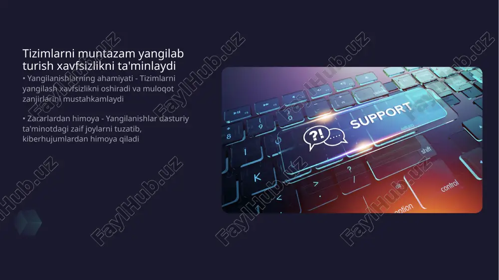 amiyati - internet xavfsizligi har bir foydalanuvchi uchun juda muhimdir. xavfsiz ulanish ma'lumotlaringizning o'g'irlanishidan va kiberhujumlardan himoya qiladi. • shifrlashning roli - ma'lumotlarni shifrlash barcha onlayn faoliyatni xavfsiz qiladi. bu sizning shaxsiy ma'lumotlaringizni yomon niyatli shaxslardan himoya qiladi. thank you for your attention! image1.png image2.png image3.png image4.jpg image5.jpg image6.jpg /docprops/thumbnail.jpeg