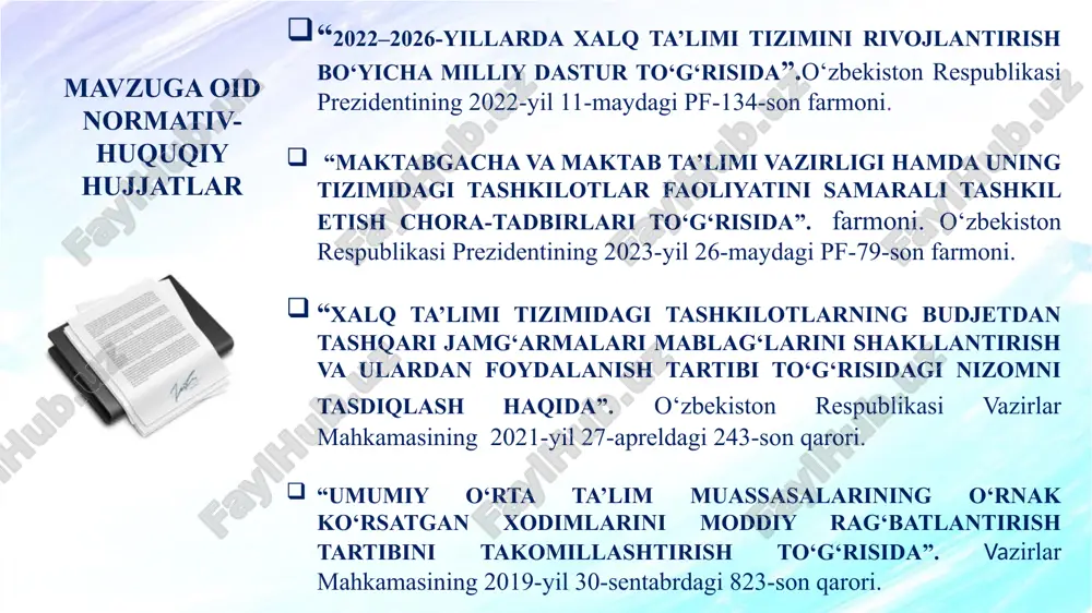 i natijalariga qarab mukofot va malaka oshirishni bevosita bog‘lash. samarali ishlagan o‘qituvchini nafaqat moddiy, balki ma’naviy rag‘batlantirish. 3. ko‘pchilik pedagoglar kpi tushunchasini to‘liq tushunmaydi yoki tizimga ehtiyotkorlik bilan yondashadi. tayyorlov kurslarini joriy etish muhim. gollandiya va aqshda kpi tizimi joriy etilishidan oldin pedagoglar uchun trening, seminar va amaliy qo‘llanmalar ishlab chiqiladi. ishtirokchilar fikri ham inobatga olinadi. kpi tizimini joriy etishdan oldin barcha pedagoglar uchun tushuntirish ishlari, seminar-treninglar o‘tkazish va ularning fikrini inobatga olish. tizimga ishonchli yondashuvni shakllantirish. qiyosiy tahlil xulosa. pedagog xodimlar faoliyatini natijadorlik va samaradorlik asosida baholashda kpi tizimini joriy etish — zamonaviy ta’lim boshqaruvida muhim va zaruriy yo‘nalishdir. bu tizim o‘qituvchining faqat ish hajmini emas, balki ta’lim sifati, innovatsion yondashuvi, o‘quvchilar yutuqlari va kasbiy o‘sishini ham e’tiborga oladi. xorijiy davlatlar tajribasi shuni ko‘rsatadiki, kpi tizimi to‘g‘ri tashkil etilsa, nafaqat o‘qituvchining mas’uliyati, balki ta’lim muassasasining umumiy nufuzi va natijadorligi ham oshadi. shu bois, kpi tizimini bosqichma-bosqich, adolatli va motivatsion …