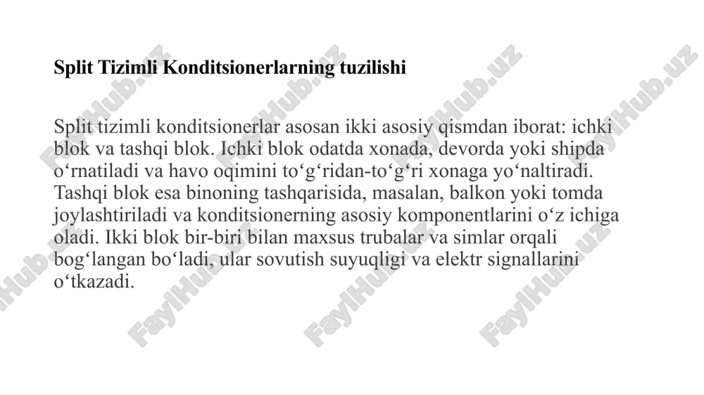 rak. konditsionerni ishlatish vaqtida xonani yaxshi havalandırish kerak. konditsionerlarni oʻrnatish, xizmat koʻrsatish va taʼmirlash konditsionerlarni oʻrnatish, xizmat koʻrsatish va taʼmirlash professional mutaxassislar tomonidan amalga oshirilishi kerak. oʻrnatish vaqtida konditsionerning toʻgʻri joylashtirilishi, elektr tarmoqqa toʻgʻri ulanishi va sovutish suyuqligi tizimining mukammal ishlashiga eʼtibor berish kerak. konditsionerni muntazam tozalash, filtrlarni almashtirish va tizimni tekshirish uni uzoq vaqt davomida samarali ishlashiga yordam beradi. taʼmirlash ishlarini faqat malakali mutaxassislar tomonidan amalga oshirish kerak. xulosa: mahalliy split tizimli konditsionerlar hozirgi kunda uy-joy va ofislarni sovutish va isitish uchun mashhur tanlov hisoblanadi. ularning samarali ishlashi, qulay foydalanish va turli xil xususiyatlarga ega boʻlishi ularni keng ommaga yoqadi. konditsionerlarni toʻgʻri tanlash, oʻrnatish va xizmat koʻrsatish ularning uzoq muddatli ishlashi va xavfsiz foydalanishini taʼminlaydi. foydalanilgan adabiyotlar: 1. ventilyatsiya va havoni konditsiyalash tizimlari o’quv qollanma-nurmanov.s.r, i.i. pirnazarov, sh.a.usmanov toshkent-2019 yil image1.png image2.png /docprops/thumbnail.jpeg