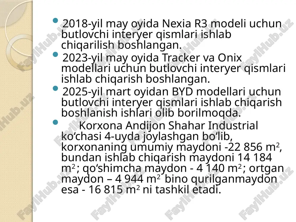 boruvchi maxsus xizmat ko‘rsatuvchi xodimlar uchun jaketlar tikish o‘zlashtirildi va yo‘lga qo‘yildi 2-3-rasm «uz-dong yang ko» qo‘shma korxonasida faoliyat ko‘rsatayotgan sifat nazoratchilari, gm qk da ish olib boruvchi korxonamiz xodimlari, brigadirlar, omborxona xodimlari, transport xodimlari va boshqa hizmatchilar uchun turli rangdagi va turli ko‘rinishdagi jaketlar tikilib tarqatildi. bu maxsulot ham hozirgi kunda sotuvga chiqarilishi ko‘zda tutilgan. korxona ishchilari uchun emblema tushirilgan maxsus ish kiyimlarini tikish o‘zlashtirildi. maxsus ish kiyimi yengil kitel, shim va sovuq ob-havo uchun mo‘ljallangan kurtkadan iborat bo‘lib, «o‘z-dong yang ko» qo‘shma korxonasi va «o‘z-dong yang — farg‘ona» korxonasi xodimlari uchun tikib tarqatish yo‘lga qo‘yildi konveyr qurilmasi xaqida ma’lumot va ishlash jarayoni. "uz dong yang co" qo‘shma korxonasidagi konveyr haqida umumiy ma’lumotlar. "uz dong yang co" qo‘shma korxonasi o‘zbekiston va janubiy koreya o‘rtasida tashkil etilgan bo‘lib, asosan avtomobil sanoati, elektronika va boshqa ishlab chiqarish tarmoqlarida faoliyat yuritadi. korxona yuqori sifatli mahsulotlarni ishlab chiqarish va zamonaviy texnologiyalarni joriy etishga …