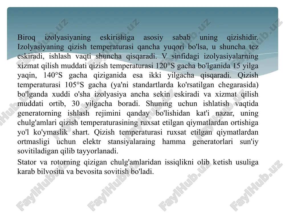 ig'izlagichlar bilan, stator va rotorning chulg'amiga tok o'tkazuvchilarni zichlab, gaz, sovituvchining qopqog'ini zichlab, lyuklarni, yon tomondagi olinuvchi to'siqlarni zich yopilishi kerak. gazning tashqariga chiqishini ishonchli to'suvchi moyli zichlagich bilan generator valini tig'izlash ancha murakkab ish. vodorodning ortiqcha bosimi ancha yuqori bo'lsa, generatorning sovishi shuncha samarali va demak generatorning aynan bir xil o'lchamlarida uning nominal quvvatini oshirish mumkin. biroq ortiqcha bosim 0,4—0,6 mpa dan ko'p bo'lsa, generatorning quvvatini oshirishdan kelib chiqadagan texnik qiynchiliklarni (tig'izlagichlar bilan chulg'am izolyasiyasi ishi murakkablashadi) engish uchun sarflanadigan mablag'ni oqlamaydi. shuning uchun hozirgi generatorlarda vodorod bosimi 0,6 mpa dan yuqori bo'lmaydi.vodorod bilan bilvosita sovitiluvchi generatorlar, zaruriyat tug'ilsa, havo bilan sovitilishi ham mumkin, lekin ularning quvvati tegishlicha kamayadi. generatorlarni suyuqlik bilan bevosita sovitish. generatorlarni suyuqlik bilan bevosita sovitishni amalga oshirishda sovituvchi suyuqlik sifatida, vodorodga nisbatan issiqlik ajratish qobiliyati ancha yuqori bo'lgan, distillangan suv yoki moy qo'llaniladi va natijada generatorlarning o'lchamlarini o'zgartirmay birlik quvvatini yana ham orttirish imkoniyatini beradi.distillangan …
