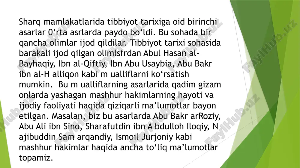 oʻsha davr tibbiyotining eng katta yutugʻi hisoblanib, oʻrta osiyoda dorishunoslik ilmi — saydanaga asos boʻldi. abu bakrar roziyning tabobat sohasidagi asarlari umuman jahon tibbiyotining rivojlanishi, boyishida gʻoyat ulkan ahamiyat kasb etdi. olimning tibbiyot ensiklopediyasi xisoblangan 25 jildli „aljomiʼ alkabir va qad urifa bilhoviy“ („alhoviy nomi bilan tanilgan katta toʻplam“) asari shu davrgacha gʻarb va sharq tibbiyotida qadrli boʻlib keldi; 10 jildli „tabobat kitobi“ hamda „chechak va qizamiq haqida“gi kitobi ham tibbiyotda mashhur edi. xulosa tibbiyot tarixini o‘rganishda tarixiy manbalar beqiyos ahamiyatga ega. ular orqali insoniyatning turli davrlarda kasalliklarga qarshi kurashish yo‘llari, shifokorlik tajribasi va tibbiy bilimlarning shakllanish jarayoni haqida chuqur ma’lumot olish mumkin. yozma, moddiy, og‘zaki va arxiv manbalari tibbiyot fanining tarixiy ildizlarini o‘rganishga imkon yaratadi. ayniqsa, qadimgi allomalar merosi – ibn sino, ar-roziy, va boshqa olimlarning asarlari nafaqat milliy, balki jahon tibbiyot tarixida ham muhim o‘rin egallaydi. bugungi zamonaviy tibbiyot aynan o‘tmishdagi tajriba va ilmiy yondashuvlarga tayangan holda rivojlanmoqda. …