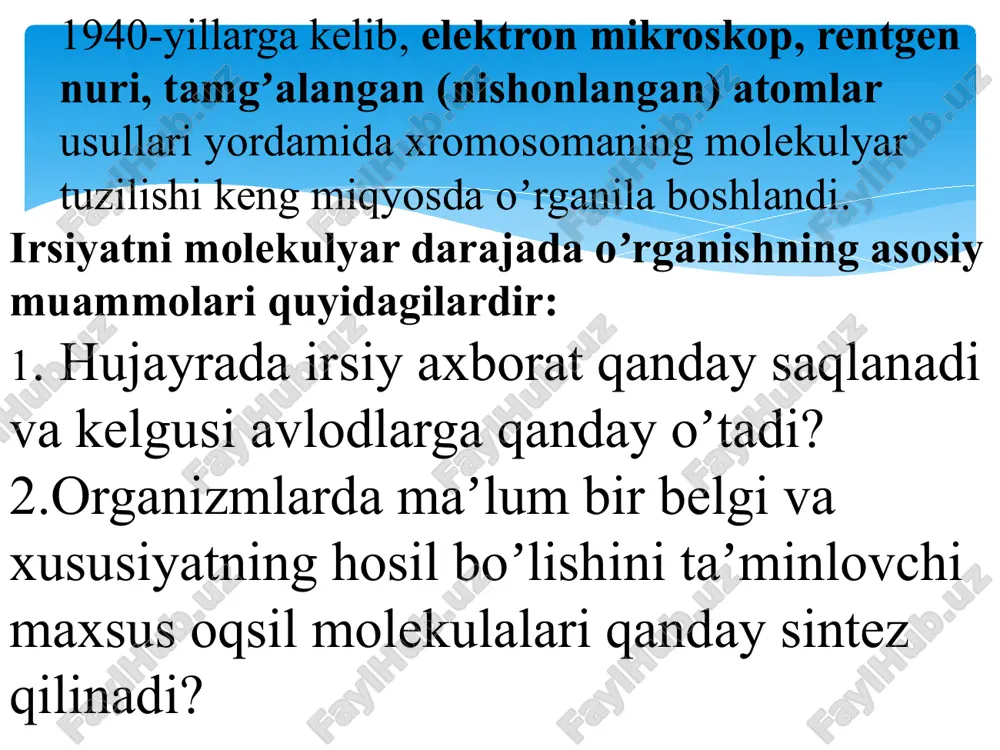a usulda borishligini koʼrsatdi: 1) qoʼsh zanjir buzilmasdan (konservativ) –yangi dnk molekulasi hosil boʼladi. 2) qoʼsh zanjir ikkiga ajralib (yarim konservativ ), qoʼsh zanjirli dnk molekulasi uzilmasdan bir-biridan ajraladi va har birining qarshisida ularga komplementar (mos) boʼlgan dnk zanjiri hosil boʼladi. 3) qoʼsh zanjir buzilib, boʼlaklarga ajralib (dispersion) yangi dnk zanjiri dastlabki dnk molekulasining buzilishidan vujudga kelgan boʼlaklarining har xil tuzilmasidan hosil boʼladi transport rnk (trnk) barcha trnklar komplementar qismlarining o‘zaro ta'siri hisobiga beda bargi shaklidagi ikkilamchi strukturani hosil qiladi, trnk molekulasida ikkita faol nuqta bo‘lib, bir qismidagi triplet — antikodon bilan irnk (kodoni)ga birlashsa, ikkinchisi — akseptor tomoni bilan aminokislotaga birikadi. trnk molekulasining mustahkam va turg‘un bo‘lishi undagi komplementar qismlar orasidagi vodorod bog’larining ko’pligi bilan belgilanadi. vodorod bog’lari qancha ko’p bo’lsa, molekula shuncha mustahkam va turg‘un bo‘ladi. t-rnk molekulasining ikkita faol nuqtasi boʼlib, biri bilan irnk kodoni (antikodon) ga birlashsa, ikkinchisi bilan aminokislotaga birikadi rnk ham polimer boʼlib, monomerlari …
