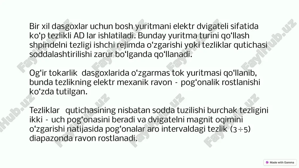 ni kerakli darajada sozlaydi. sensorlar material o‘lchamlarini nazorat qiladi avtomatik rostlash harakatni kerakli darajada sozlaydi aniqlik ishlov berish jarayonining aniqligini oshiradi 11 elektr yuritmalarning texnik xarakteristikalari elektr yuritmalarning texnik xarakteristikalari ularning ish samaradorligini, ishonchliligini va xavfsizligini belgilaydi. bu xarakteristikalarga quyidagilar kiradi: quvvat, tezlik, moment, ishchi kuchlanish, himoya darajasi, o‘lchamlari va boshqalar. samaradorlik quvvat iste‘molining kamayishi ishonchlilik uzluksiz ishlashni ta‘minlash xavfsizlik operatorlar uchun xavfsizlikni oshiradi 12 xulosa tokarlik dastgohlarida qo‘llaniladigan elektr yuritmalar turlari dastgohning turlariga, ishlov beriladigan materialga va ishlov berish jarayonining xususiyatlariga bog‘liq. to‘g‘ri elektr yuritmani tanlash dastgohning samaradorligini, ishonchliligini va xavfsizligini oshirishga yordam beradi. 13 foydalanilgan adabiyotlar hoshimov o.o., imomnazarov a.t. elektr yuritma asoslari. 1 – qism. – toshkent: toshdtu, 2004. imomnazarov a.t. neft va gaz konlarining elektr jihozlari. – toshkent: cho‘lpon nmiu, 2007. imomnazarov a.t. sanoat korxonalaridagi elektr jihozlariga xizmat ko‘rsatish va ta’mirlash. o‘quv qo‘llanma. – toshkent: turon iqboli, 2006. – 175 b. imomnazarov a.t. sanoat korxonalari va …