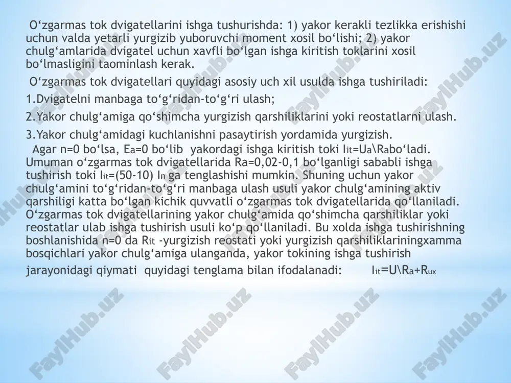 iruvchi rezistorlar rq1 (2-a, rasm) bilan reostat xarakteristikasi bo‘yicha tez-lanishni boshlaydi. so‘ngra, o‘tish jarayonning maolum bir momentida rq1 - rezistorni shuntlovchi km3 kontakt yopiladi va o‘td o‘zining taobiiy xarakteristikasiga chiqadi. shunday qilib, o‘td ni ishga tushirish 2 bosqichga ega bo‘ladi: reostatli, va tabiiy xarakteristikalar bo‘yicha tezdashish, bunda birinchi bosqichdagi koordinatalarning oxirgi qiymat-lari ikkinchi bosqich uchun ushbu koordinatalarining boshlan-ich qiymatlari bo‘ladi. o‘tish jarayonining birinchi bosqichida o‘td tezligi va momentining boshlanich qiymatlari, 2,a-rasmdagi statik xarakteristikalarga mos ravishda quyidagilar bo‘ladi bosh=0; mbosh=m1. 2 – rasm: mustaqil qo‘zg‘atishli o‘tdni bir bosqichli ishga tushrishdagi o‘tkinchi jarayoni: a) static tavsiflari; b) tezlik va momentni o‘zgarish grafigi. ushbu koordinatalarning oxirgi qiymatlari reos-tat xarakteristikasining yuklamani keltirilgan mexanik xa-rakteristikasi bilan kesishish nuqtasi 2 ga to‘ri keladi va mos ravishda tur.2 va ms ga tengdir. o‘tish jarayonlarini birinchi bosqichidagi elektrmexanik vaqt doimisi tm1(1.40) quyidagicha aniqlanadi tm1 = j  / m = j 0 / m1 tezlik va momentni o‘zgarishi …