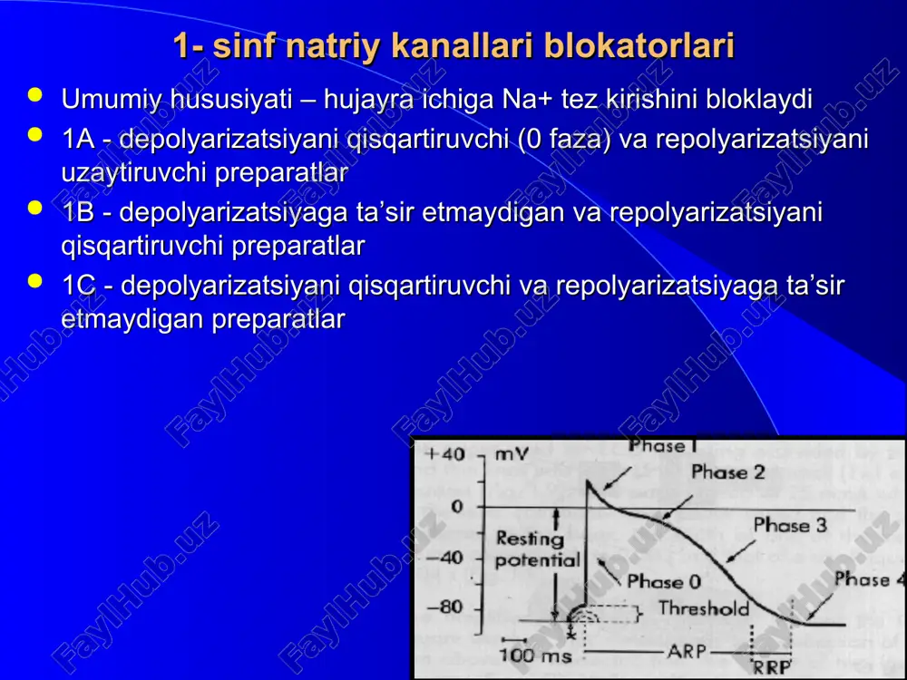okatorlar simpaatik nerv tizimining yurakka stimullovchi ta’sirini susaytiradi va natijada: - sinoatrial tugun avtomatizmini pasaytiradi; - atrioventrikulyar tugun avtomatizmi va o‘tkazuvchanligini susaytiradi - purkine tolalari avtomatizmini susaytiradi - harakat potensialining 0-fazasini sekinlashtiradi repolyarizatsiyani uzaytiradi qo‘llashga ko‘rsatmalar: • sinusli taxikardiya, ayniqsa psixoemotsional stress fonida • qorincha usti paroksizmal taxikardiyasi • tireotoksikozdagi aritmiyalar • qorinchalar taxikardisi, ayniqsa miokard infarkti o‘tkazgan bemorlarda yoki dilatatsion kardiomiopatiyada • qorincha usti va qorincha ekstrasistoliyasi • xilpillovchi aritmiyaning doimiy turida yuqsni nazorat qilish uchun • miokard infarkti o‘tkazgan bemorlarda qorinchalar fibrilyasiyasi profilaktikasi uchun • qt intervalning tug‘ma uzayishi. asosiy nojo‘ya ta’sirlari: yuqs kamayishi; atrioventrikulyar o‘tkazuvchanlikni susayishi; bronxlar tonusi oshishi; periferik tomirlar tonusi oshishi; glyukozaga tolerantlikni pasayishi. 3 - sinf kaliy kanallari blokatorlari bu guruh preparatlari repolyarizatsiyani sekinlashtirib harakat potensiali davomiyligini oshiradi antiadrenergik hususiyatga ega va membranining ionlar uchun o‘tkazuvchanligiga ta’sir etmaydi erd davomiyligini uzaytiradi * amiodaron amiodaron (kordaron) kaliy kanallarini bloklaydi va yurak o‘tkazuchi tizimida repolyarizatsiya jarayonlarini …