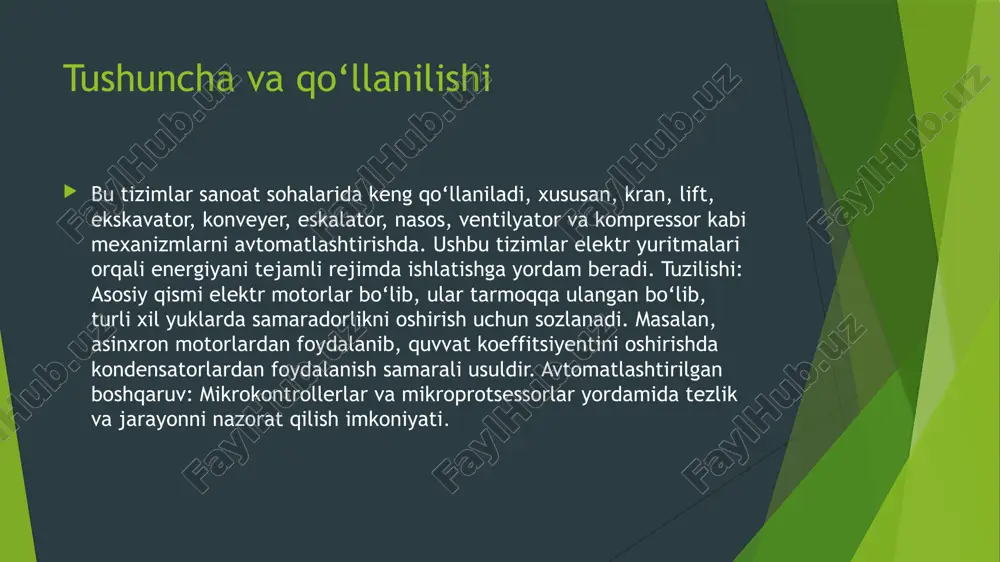 tizimlar sanoatning turli sohalarida yanada kengroq qo‘llanilmoqda. foydalanilgan adabiyotlar 1. o.o.xoshimov, sh.b.umarov andozaviy sanoat mexanizmlarining avtomatlashtirilgan elektr yuritmalari o ‘zbekiston respublikasi oliy va o ‘rta maxsus ta ’lim vazirligining muvofiqlashtiruvchi kengashi tomonidan texnika oliy o ‘quv yurtlari uchun o ‘quv qo ‘llanma sifatida tavsiya etilgan 2. andozaviy sanoat mexanizmlarining avtomatlashtirilgan elektr yuritmalari: 0 ‘quv qomlanma/ o.o. xoshimov, sh.b. umarov. - t.: «iqtisod-moliya», 2015 image1.png image2.png /docprops/thumbnail.jpeg