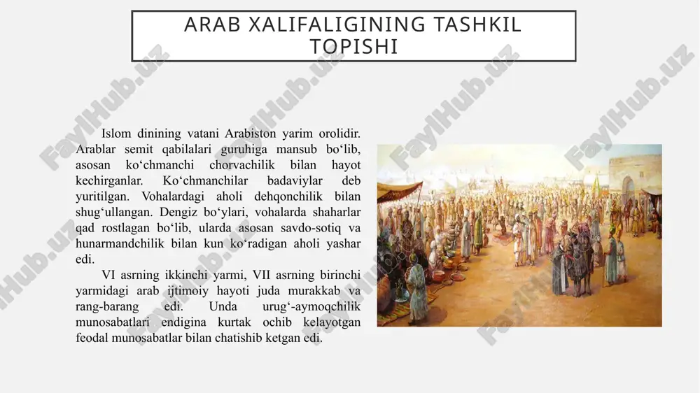 lgach o‘rta osiyoyerlariga hujum uchun imkoniyat yaratiladi. arablarning o‘rta osiyoga dastlabki yurishlar ubaydulloh ibn ziyod boshchiligida 651 yilda marvni egallash bilan boshlandi. arablar amudaryo (jayxun)dan shimolda joylashgan yerlarga “movarounnahr”, ya’ni, “daryoning ortidagiyerlar” deb nom berishadi. narshaxiy va arab muallifi yoqut bergan ma’lumotlarga ko‘ra, muhammad payg‘ambarning shaxsan o‘zi movarounnahrni bo‘ysundirishni muqaddas deb hisoblagan va islomga e’tiqod etuvchilarni bu muqaddas ishga da’vat etgan 652 yilda arablar balx shahrini egallashga muvaffaq bo‘ldilar. o‘sha yili amudaryodan o‘tib movarounnahrga hujum qilish rejasi arablar uchun muvaffaqiyatsiz tugaydi. ammo, xuroson noibi abdulloh ibn amir 652 yilda chag‘oniyonni egallashga muvaffaq bo‘ldi. bu esa ilk bor movarounnahr yerlarini egallash edi arablarning orta osiyoga dastlabki yurishlari . 654 yilda sug‘ddagi maymurg‘ qal’asiga arablarning birinchi hujumi bo‘ladi. 667 yilda arablar chag‘oniyonga qayta yurish qilib eftaliylarga kuchli zarbalar berdilar. arablar keng miqyosdagi hujumlarga tayyorgarlik ko‘ra boshlagan edilar. manbalarning ma’lumot berishicha, movarounnahrga yurish qilishdagi harbiy-siyosiy tayyorgarlikdan biri, xalifalikning basra va kufa shaharlaridan 50 …
