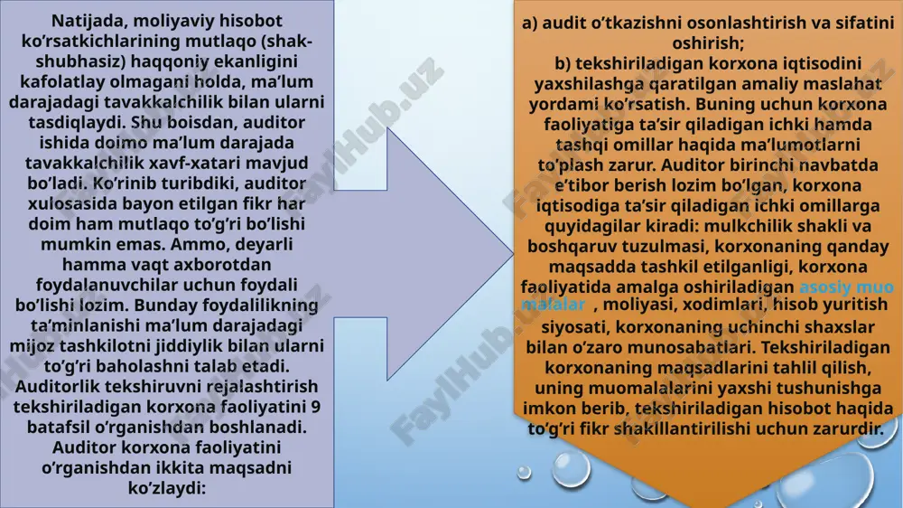 kilotlari uchun rasmiy auditorlik xulosasini tayyorlashni ko’zda tutuvchi auditning amalga oshirilishi chogida (ular tavsiyanoma tusiga ega ekanligi to’gridan-to’gri ko’rsatilgan qoidalari bundan mustasno), majburiy bo’lib hisoblanadi 8 xalqaro audit standartlari asosida tahliliy amallarni qo’llashni o’ziga xos xususiyati respublikamizda milliy auditorlik standartlarini tadbiq etishda xalqaro standartlarning qo’llanish tartibi, rivojlangan mamlakatlardagi audit tizimining tashkil etilishi va unda auditorlik dalillarni olish usullarining xususiyatlariga muhim etibor qaratishni taqozo qiladi. chunki, auditotlik tashkilotlari korporatsiyalar, firmalar va boshqa xo’jalik yurituvchi tuzilmalarning ishlab chiqarish, moliya-ho’jalik faoliyatida muomalalarning to’g’ri amalga oshirilgani tasdiqlab, mijozlarning ularga bo’lgan ishonchini mustahkamlashga xizmat qililishida halqaro audit standartlari asosida auditorlik dalillarni olishdan foydalanib, auditorlik xulosasini tayyorlashi etakchi omil hisoblanadi. shu orqali auditrolik tashkilotlari faoliyatini barqarorlashtirishga erishishga xissa qo’shish muxim axamiyat kasb etmoqda. auditorlik dalillarga xaqida xalqaro standartlarda batafsil to’htalib o’tilgan. auditning xalqaro standartlari – axs (international standarts of auditing – isas) da standartlash ob’ekti sifatida v – «auditorlik dalillar» (500-599) nomli maxsus bo’lim ajratilgan. ushbu …