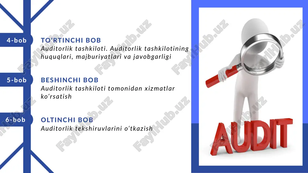 ’rsatkichlar bo’yicha guruhlarga ajratilgan auditorlik tashkilotlarining tartibga solingan ro’yxatlarini shakllantirish; 24 asosiy tushunchalar talabgor -malaka sertifikatini olishga yoki uning amal qilish muddatini uzaytirishga da’vogar bo‘lgan jismoniy shaxs; 25 rahmat uchun e’tiboringiz image1.png image2.svg image3.png image4.svg image5.jpg image6.jpg image7.jpg image8.png image9.png image10.png image11.jpeg image12.jpeg image13.png /docprops/thumbnail.jpeg