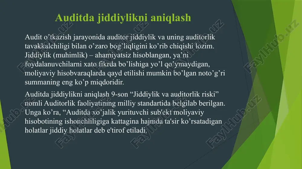 ozning ichki (ichki xo’jalik) nazorat tizimi bilan bog’liqbo’lgan tavakkalchilik; mt – testlar o’tkazish muolajalari samarasizligi bilan bog’liq bo’lgan tavakkalchilik (muolaja tavakkalchiligi) – testlar o’tkazish jarayonida, auditor uchun qabul qilinishi mumkin bo’lgan miqdordan yuqori xatolarnianiqlanmay qolinishi taxmini. umumiy auditorlik amaliyotida auditorlik tavakkalchilgining maqbul to’plamiga quyidagicha yondashuv ishlab chiqilgan va ular ingliz tilidagi bosh harflari bo’yicha quyidagi formula ko’rinishida ifodalangan: dar = ir x cr x dr dar (desired audit risk) – auditorlik tavakkalchiligining maqbul to’plami; ir (internal risk) – ichki xo’jalik tavakkalchiligi; cr (control risk) – nazorat tavakkalchiligi; dr (direction risk) – aniqlanmaslik tavakkalchiligi. “auditorlik tavakkalchiligi” ajralmas tavakkalchiligi nazorat tavakkalchiligi aniqlab bo’lmaslik tavakkalchiligi. xalqaro amaliyotda “auditorlik tavakkalchiligi” deganda moliyaviy hisobot ahamiyatli noto’g’ri aks etilganda auditor tegishli bo’lmagan auditorlik xulosa taqdim etilishi tushuniladi. auditorlik tavakkalchiligi uch tarkibiy qismdan iborat: ya’ni, ajralmas tavakkalchiligi, nazorat tavakkalchiligi va aniqlab bo’lmaslik tavakkalchiligi. “ajralmas tavakkalchiligi” - bu tegishli ichki nazorat mavjud emas deb taxmin qilinganda, hisobvaraqlar qoldigi …