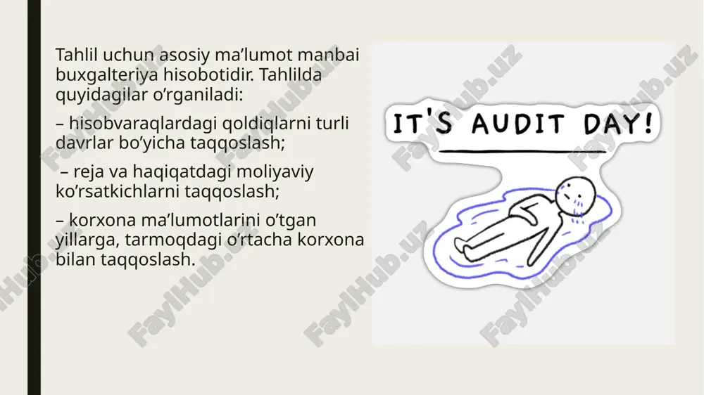 ahliliy amallar kutilayotgan o’zaro bog’liqliklarni solishtirishi mumkinligi tavakkalchiligiga auditor tomonidan berilgan bahoga qaram, amalda esa muhim noto’g’riliklar mavjud tahliliy amallar natijalariga auditorning ishonch darajasi bo’lgan quyidagi omillardan kelib chiqadi: auditor tahliliy amallarni qo’llashda foydalaniladigan ma’lumotni tayyorlashda nazorat test sinovlaridan, agar bu mavjud bo’lsa, o’tkazish to’g’risidagi masalani ko’rib chiqishi lozim. agar bunday nazorat samarali bo’lsa, auditor ma’lumot ishonchligiga va, binobarin, tahliliy amallar natijalariga ko’proq ishonch hosil qiladi. moliyaviy bo’lmagan ma’lumot bo’yicha nazorat ko’pchilik holatlarda buxgalteriya hisobiga taalluqli bo’lgan nazorat bilan birgalikda test sinovlaridan o’tkazilishi mumkin. masalan, sub’ekt tomonidan sotilgan tovarlar bo’yicha hisobvaraq-fakturalarga ishlov berish yuzasidan belgilangan nazorat sotilgan mahsulot birligini hisobga olishni yuritish yuzasidan nazoratni ham qamrab olishi mumkin. bunday vaziyatlarda, auditor sotilgan birliklar hisobi yuzasidan nazorat testlarini sotilgan tovarga oid hisobvaraq-fakturalarni qayta ishlash yuzasidan nazorat testlari bilan birga o’tkazishi mumkin. e’tiboringiz uchun rahmat manbaa:a a karimov, z.a.muqumov, m.h.khodjaeva, a.z.avloqulov “xalqaro audit” (darslik) toshkent- 2019y image1.png image2.png image3.png image4.jpg image5.jpg image6.jpg …