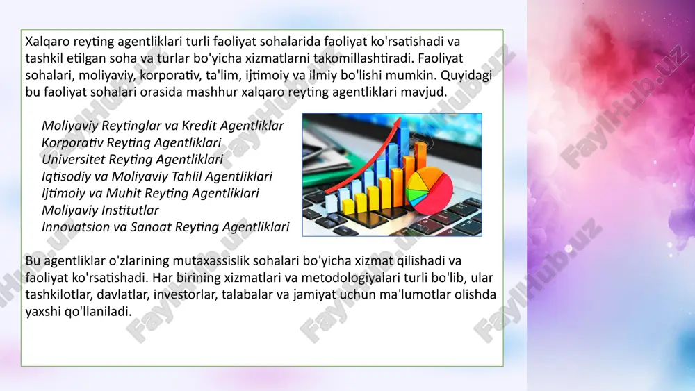 n o‘z reyting shkalasi mavjud. bundan tashqari, agar bank oraliq qiymatlarga tushib qolsa, harf kategoriyalariga "+" va "-" modifikatorlari yoki 1, 2 va 3 raqamlari qo‘shilishi mumkin. kelajakda reytingda mumkin bo‘lgan o‘zgarishlarni ko‘rsatish uchun agentlik prognozlaridan foydalaniladi. bu quyidagicha bo‘lishi mumkin: "barqaror" - bu keyingi ikki yil ichida reyting o‘zgarishi kutilmaganligini anglatadi; "rivojlanayotgan" - reyting ham oshishi, ham pasayishi mumkin; "salbiy" - pasaytirish mumkin; "ijobiy" - reytingni ko‘tarish mumkin. image1.png image2.png image3.png image4.png image5.png image6.png image7.jpeg image8.png image9.png image10.jpeg image11.png image12.png image13.png image14.png image15.png image16.png image17.jpeg image18.png