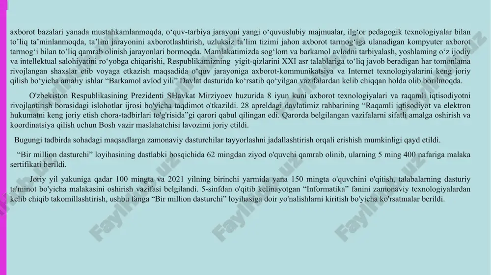 amrab olinish jarayonlari bormoqda. mamlakatimizda sog‘lom va barkamol avlodni tarbiyalash, yoshlaming o‘z ijodiy va intellektual salohiyatini ro‘yobga chiqarishi, respublikamizning yigit-qizlarini xxi asr talablariga to‘liq javob beradigan har tomonlama rivojlangan shaxslar etib voyaga etkazish maqsadida o‘quv jarayoniga axborot-kommunikatsiya va internet texnologiyalarini keng joriy qilish bo‘yicha amaliy ishlar “barkamol avlod yili” davlat dasturida ko‘rsatib qo‘yilgan vazifalardan kelib chiqqan holda olib borilmoqda. o'zbekiston respublikasining prezidenti shavkat mirziyoev huzurida 8 iyun kuni axborot texnologiyalari va raqamli iqtisodiyotni rivojlantirish borasidagi islohotlar ijrosi bo'yicha taqdimot o'tkazildi. 28 apreldagi davlatimiz rahbarining “raqamli iqtisodiyot va elektron hukumatni keng joriy etish chora-tadbirlari to'g'risida”gi qarori qabul qilingan edi. qarorda belgilangan vazifalarni sifatli amalga oshirish va koordinatsiya qilish uchun bosh vazir maslahatchisi lavozimi joriy etildi. bugungi tadbirda sohadagi maqsadlarga zamonaviy dasturchilar tayyorlashni jadallashtirish orqali erishish mumkinligi qayd etildi. “bir million dasturchi” loyihasining dastlabki bosqichida 62 mingdan ziyod o'quvchi qamrab olinib, ularning 5 ming 400 nafariga malaka sertifikati berildi. joriy yil yakuniga …