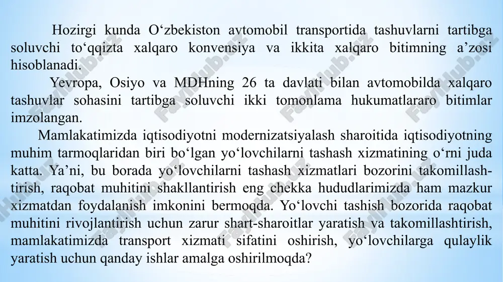 uv osti (ekskursiya suv osti qayiqlari) va suv usti (teploxodlar, sayohat kemalari, dengiz paromlari, sayr kemalari, yaxtalar, katerlar) transportlari farqlanadi. turizmda suv transporti vositalari ta’minoti bilan bog‘liq masalalari asosan dengiz va daryoda turistik maqsadlarda muntazam va nomuntazam yo‘lovchi tashish misolida qarab chiqiladi. suvda turizmda transport vositalari quruqlikda havoda avtomobil: avtobus, avtomobil, mototsikl, velosiped va b. temiryo'l: po'ezd, tarmvay, traleybus, metro va b. mahalliy transport vositalari: ot, tuya, eshak, fil, it, bo'g'u suv osti: suv osti kemalari suv usti: teploxodlar, sayohat kemalari, dengiz paromlari, sayr kemalari, yaxtalar, katerlar fuqaro aviatsiyasi samolyotlari, vertolyotlar, deltaplanlar, havo sharlari, koinot kemalari 2.1.1-rasm. turizm maqsadlari uchun foydalaniladigan transport vositalarining turlari turizmda transport ta’minoti tizimi qo‘yidagicha farqalanadi: turga qo‘shilgan va asosiy turistik xizmatlarga kiruvchi turistik tashish; turistlarni doimiy yashash joyidan belgilangan manzilga eltib qo‘yish (yoki yo‘nalish boshlanadigan joyga) va qayta olib kelish; transfer – turistlarni kutib olish va kuzatib qo‘yish uchun transport vositasi taqdim etish; tur-safar bo‘yicha …
