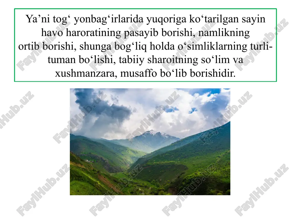 . bunga sabab yog‘inlarning ko‘pligi, haroratning biroz pastligidir. qor chizig‘ining balandligi faqatgina qutblardan ekvatorga tomon emas, dengiz va okeanlardan materik ichkarisiga tomon, ya’ni uzoqlik bo‘yicha ham ko‘tarilib boradi. mo‘tadil mintaqada qor chizig‘ining chegarasi g‘arbiy okeanbo‘yidagi dengiz iqlim o‘lkasidan materik ichkarisidagi keskin kontinetal iqlim o‘lkasiga tomon ko‘tarilib boradi. masalan, alpda qor chizig‘i 1000–1300 m, g‘arbiy kavkazda 2700 m, tyanshanning xontanri qismida 4200 m balandlikda joylashgan. bunga sabab, dengiz iqlim o‘lkasida yog‘inlar ko‘p, yoz salqin. keskin kontinental iqlim o‘lkasida esa, aksincha, yog‘inlar kam, yoz esa issiq va quyoshli, uzoq davom etadi. balandlik mintaqalanishi, yonbag‘ir ekspozitsiyasi, qor chizig‘i, cho‘l, adir, tog‘,yaylov, qor va muzliklar. 1. balandlik mintaqalanishiga nima sabab bo‘ladi? 2. qor chizig‘i nima? 3. balandlik mintaqalari soni nimalarga bog‘liq? 4. quyi sinflarda va biologiya fanidan olgan bilimlaringizdan foydalanib o‘zbekistondagi balandlik mintaqalari tabiiy sharoitining o‘ziga xos xususiyatlarini daftaringizga jadval shaklida yozing. © foydalanilgan adabiyotlar: sh. m. sharipov, v. n. fedorko, n. i. safarova …