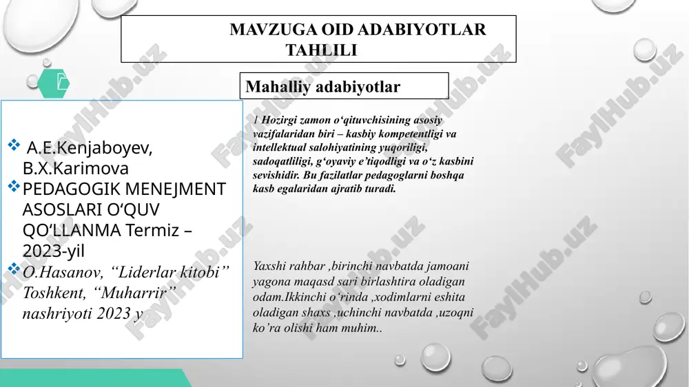 ikatga ega bo‘lishi lozim. malayziyada maktab o‘qituvchisi bo‘lib ishlash jarayoni bir necha bosqichlarda amaga oshiriladi. davlat maktablari “suruhanjaya serkhidmatan pendidikan” (spp) - ta'lim xizmatlari komissiyasiga nomzodlarning hujjatlari taqdim etiladi va spp tanlov jarayonida nomzodlarni saralash uchun yozma imtihon va suhbat o‘tkaziladi. mamlakatimizda yosh tajribali, salohiyatli kadrlarni sertifikatlashtirish tizimi yaxshi yo‘lga qo‘yilgan. bu jarayonni takomillashtirish borasida yozma imtihon va suhbat jarayonini tashkil etish mexanizmini rejalashtirish, ishlab chiqish taklif etiladi. 02. psixologik moslik: o‘qituvchining psixologik barqarorligi, stressga chidamliligi va o‘quvchilar bilan til topisha olish qobiliyati muhim ahamiyatga ega. avstraliyada barcha o‘qituvchilar bolalar bilan ishlashga ruxsatnoma (working with children check) va jinoiy o‘tmishga ega emasligini tasdiqlovchi tekshiruvlardan o‘tishi kerak.tanlov komissiyasi: har bir maktab o‘zining tanlov komissiyasiga ega bo‘lib, ular arizalarni ko‘rib chiqish va eng yaxshi nomzodlarni saralash uchun javobgardirlar. o’qituvchilarga xorijiy tajribalarga asoslangan .ruxsatnoma ya’ni (working with children check) va jinoiy o‘tmishga ega emasligini tasdiqlovchi tekshiruvlardan o‘tkazish mexanizmini tashkil qilish taklif etiladi. qiyosiy …