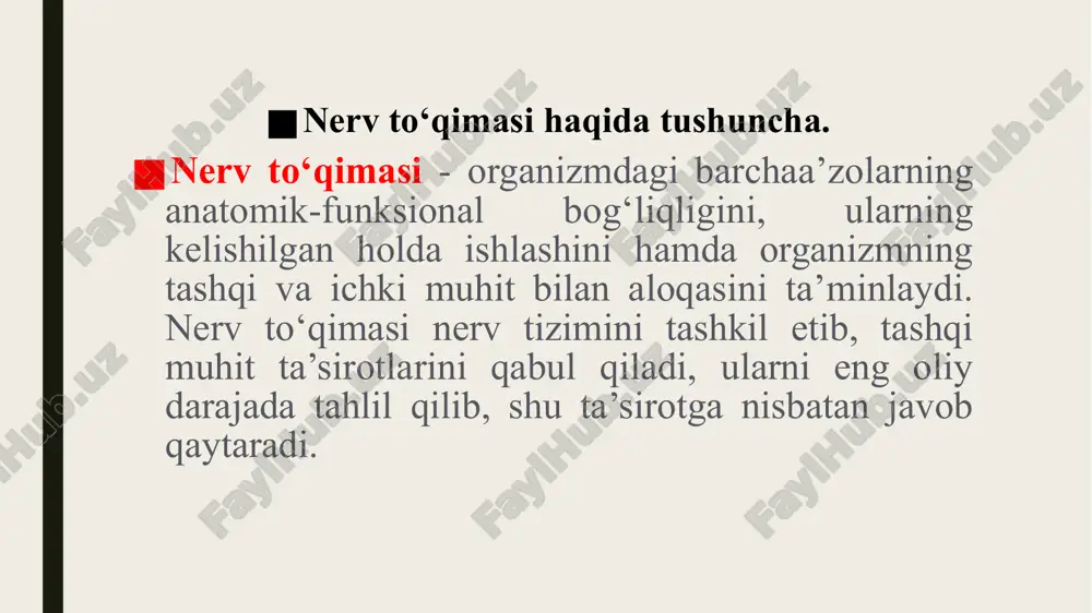 dagi asosiy metabolik jarayonlarning biokimyoviy asoslari keltirilgan: 1. energiya almashinuvi (atp sintezi) neyronlar juda ko‘p miqdorda energiya sarflaydi, ayniqsa membrana potentsialini saqlab qolish uchun. glyukoza asosiy substrat hisoblanadi – neyronlar energiyani asosan glyukozadan oladi. glikoliz: sitoplazmada sodir bo‘lib, glyukoza piruvatga aylantiriladi. piruvat mitoxondriyga kirib, sitrat sikli (krebs sikli) orqali co₂ va nadh/fadh₂ hosil qiladi. nadh/fadh₂ esa elektron transport zanjiri orqali atp sinteziga olib keladi (oksidlovchi fosforlanish). 2. na⁺/k⁺-atpaza faolligi. bu ferment nerv hujayrasi membranasidagi asosiy ion nasosidir. asab impulsidan so‘ng hujayraning elektroximik gradientini tiklash uchun energiyani ko‘p miqdorda sarflaydi. 3. yuqori darajadagi lipid almashinuvi neyron membranalari fosfolipidlar va sfingolipidlarga boy. miyelin hosil bo‘lishi (oligodendrositlar orqali) uchun lipid biosintezi zarur. gangliozidlar va boshqa kompleks glikolipidlar asab hujayralari faoliyatida muhim rol o‘ynaydi. 4. neyrotransmitterlar biosintezi neyronlar kimyoviy signallarni uzatadi, bu jarayonda turli neurotransmitterlar sintez qilinadi: asetilxolin – xolin va atsetil-koa dan sintezlanadi. dopamin, norepinefrin, serotonin – aminokislotalardan (tirozin, triptofan) fermentativ reaksiyalar orqali …