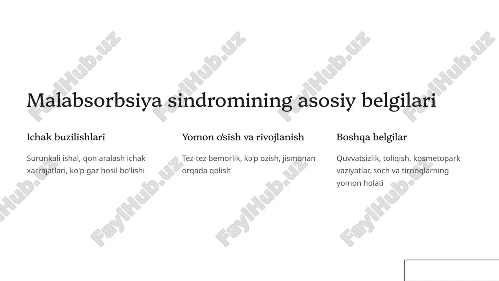 bolalarda malabsorbsiya sindromini davolash sababi qanday bo'lishidan qat'i nazar... dastlabki davolash bosqichi kasallik sababini bartaraf etish yoki kamaytirish bilan bog'liq. qo'shimcha parvarish va davo oziq-ovqat iste'molini yaxshilash, vitamin va mineral moddalar bilan qo'shimcha ta'minlash, fizkul'tura, dori-darmonlar. profilaktika va reabilitatsiya to'g'ri ovqatlanish, kasallikning oldini olish yoki keyingi komplikatsiyalarni oldini olish. 7 ovqatlanish va oziq-ovqat qabul qilishda e'tibor berish kerak bo'lgan jihatlar sut mahsulotlari laktoz etishmovchiligi hollarida qatiq, maska, kisladi sut, qatiq mahsulotlarni kamroq iste'mol qilish kerak. donli mahsulotlar selliak kasalligi hollarida bug'doy asosidagi mahsulotlardan qochish kerak, ular o'rniga guruch, sulu, makkajo'xori, so'rg'ichlaproviderdan foydalaniladi. vitamin-mineral moddalar zarur oziq moddalarni qoplash uchun tibbiy-vaksinadavdan foydalanish tavsiya etiladi. suv va suyuqliklar ishal bilan bog'liq suyuqlik yo'qotilishining oldini olish uchun yetarli suv ichish muhim. 8 bolalar uchun malabsorbsiya sindromini oldini olish bo'yicha maslahatlar ovqatlanish muvozanati har bir oziq-ovqat mahsulotining tarkibini bilgan holda to'g'ri va muvozanatli ovqatlanish. yetarli miqdorda ovqatlanish bolaning yoshiga, jismoniy faolligiga mos keladigan miqdorda …