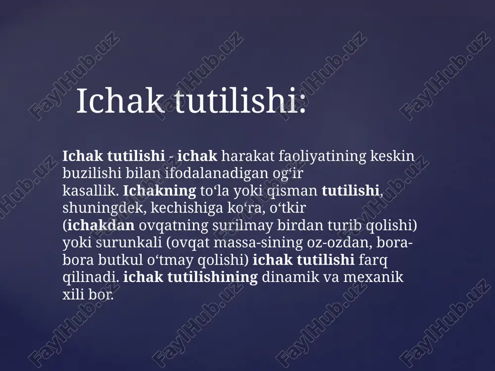 ishi kuchayadi. babuk simptomi. agarda invaginasiyaga shubha bo’lsa huqna qilinadi, bunda yuvilgan suvda qon izlari bo’lmasa, 5 daqiqa davomida qorin palpasiya qilinadi va qorin sohasidan o’smasimon hosila (invaginat?) topiladi. agarda qayta sifonli huqna qilingandan so’ng yuvilgan suv go’sht suvidek bo’lsa, tashhis invaginasiya foydasiga hal qilinadi. qorin bo’shlig’i o’smasida bu simptom – manfiy. bayer simptomi (vaeueg). dam qorin asimmetriyasi. sigmasimon ichak buralishida kuzatiladi. ichak tutilishi simptomlari: yo’g’on ichak tutilishi valya simptomi (wahl). o’tkir ichak tutilishida ichak qovuzloqlari kengayadi va to’siq sohasi ustidan mahalliy chegaralangan turg’un meteorizm hosila qiladi, uning ustida yuqori timpanit eshitiladi. palpasiyada ichak qovuzloqlari kengayganligi aniqlanadi valya simptomi-chegaralangan mahalliy meteorizm tufayli kengangay ichak kovuzloklari qorin devoridan ko’zga tashlananadi. gold simptomi- bimanual tekshirilganda ichak qovuzloqlarini kengayganini aniqlanadi. dans simptomi (dance). palpasiyada o’ng yonbosh sohasining cho’kkanligi ingchka ichak yo’g’on ichak invaginasiyasida kuzatiladi. image2.jpg image3.jpg image4.jpg image5.jpeg image6.png /docprops/thumbnail.jpeg