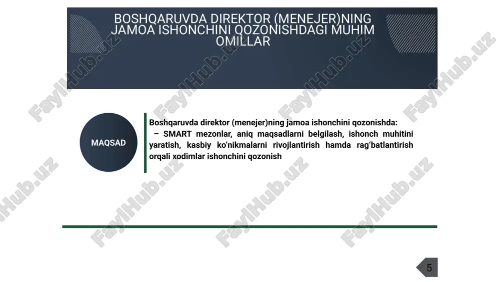 i xodimlar fikri, loyihalar, rivojlanishga nisbatan munosabatlarini o‘rganish mumkin. qiyosiy tahlil etilganligi 8 takliflar direktor (menejer) jamoa ishonchini qozonish uchun, avvalambor, jamoada samarali muloqot ko‘nikmalariga ega bo‘lishi, malaka talablariga javob berishi, empatiyaga e’tiborli bo‘lishi, jamoa a’zolarini qo‘llab-quvvatlashi, rag‘batlantirishi, ularga nisbatan adolatli bo‘lishi, qaror qabul qilishda jamoa fikriga tayanishi, inobatga olishi va mas’uliyatni ularga ham yuklashi, shaxsiy na’muna ko‘rsatishi, so‘zi va xatti-harakati bir bo‘lishi lozim. shundagina jamoa a’zolari rahbarlari ortida o‘zlarini himoyalangan, xotirjam, erkin his qilishadi va bu xodimlarning direktor (menejer)ga bo‘lgan ishonchini ta’minlaydi. “tanqidiy tahlil, qatʼiy tartib-intizom va shaxsiy javobgarlik- har bir rahbar faoliyatining kundalik qoidasi boʻlishi kerak.” sh. mirziyoyev xulosa 9 8 shaffof va adolatli boshqaruv tizimini joriy etish . maktabda jamoa bilan doimo ochiq muloqatda bo’lish xodimlarni qarorlar qabul qilish jarayoniga jalb etish yangi g’oyalarni qo’llab quvvatlash takliflar 10 № muammo amalga oshirish mexanizmi mas’ullar muddati natija 1. maktabda pedagogik va texnik xodimlar bilan ochiq muloqot va doimiy …