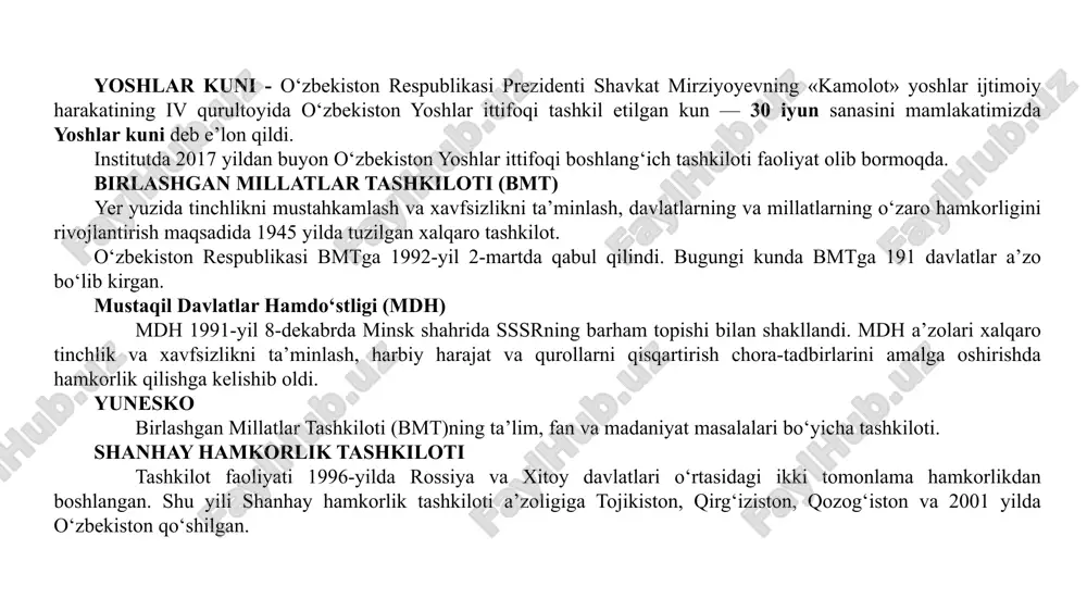 ta’lim – tarbiya, iqtisodiy, siyosiy, falsafiy, diniy g‘oyalar majmui asosida kishilarning ong-bilimini, madaniyatini o‘stirishga qaratilgan faoliyat. madaniyat - (arabcha – madina shahrida tarbiya ko‘rishlik; shaharlik) so‘zi musulmonlarning muqaddas joyi – madina shahri nomidan kelib chiqqan. madaniyat moddiy va ma’naviy ishlab chiqarish, ijtimoiy va o‘zaro munosabatlar, siyosat, oila, axloq, xulq, huquq, ta’lim, tarbiya, ijod, ilm-fan, xizmat ko‘rsatish, turmush tarzi kabilar bilan bog‘liq keng qamrovli voqeadir. milliy g‘urur - millatning o‘z–o‘zini anglashi natijasida sodir bo‘ladigan doimiy ichki ruhiy ko‘tarinkilik. u o‘z ona zamini, avlod-ajdodlari tomonidan qoldirilgan moddiy, ma’naviy merosdan, o‘z millatining jahon sivilizatsiyasiga qo‘shgan ulushlaridan, o‘zga millatlar oldidagi qadr-qimmati, obro‘-e’tiboridan faxrlanish hissiyotidan iborat. milliy g‘oya – inson tafakkuri mahsuli, milliy g‘oya esa millat tafakkurining mahsulidir. mafkura - jamiyatdagi muayyan siyosiy, huquqiy, axloqiy, diniy, badiiy, falsafiy, ilmiy qarashlar, fikrlar va g‘oyalar majmui. “bilimdonlar uyi” yoki “donishmandlar uyi” sharqning fanlar akademiyasi hisoblangan “bayt-ul-xikma”- “bilimdonlar uyi” yoki “donishmandlar uyi” deb yuritiladi. yurtimizdan yetishib chiqqan islom …