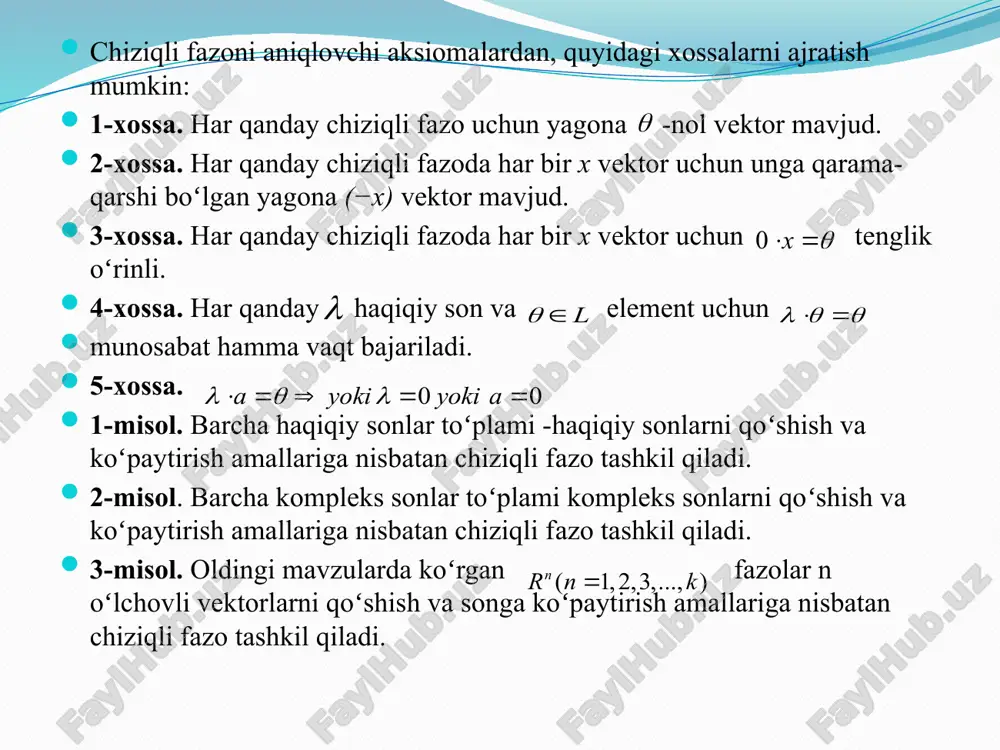 n vektorlar sistemasidagi vektorlarning har qanday ikki jufti oʻzaro ortogonal boʻlsa, u holda bu sistema ortogonal vektorlar sistemasi deb ataladi. 15- ta’rif. agar ortogonal vektorlar sistemasi boʻlib boʻlsa, u holda vektorlar sistemasi ortonormal vektorlar sistemasi deyiladi. 16- ta’rif. agar vektorlar sistemasi fazoning bazisi boʻlib, ortonormal vektorlar sistemasini tashkil qilsa, u holda bu bazisga ortonormal bazis deyiladi. ortonormallangan bazis uchun quyidagi munosabat oʻrinli: teorema. har qanday n oʻlchovli haqiqiy evklid fazosida ortonormallangan bazis mavjud. isbot. faraz qilaylik vektorlar sistemasi fazoning ortonormall boʻlmagan bazislaridan biri boʻlsin. biz bu bazisdan ortonormallangan bazisni quramiz. buning uchun shmidt formulalaridan foydalanamiz: , deb olib keyingi qadamda teorema isbotlandi. 8. –misol. yoki vektor bazisda berilgan vektorning bazisdagi koordinatalarini toping. yechish. bazisda matritsaga teskari matritsa tuzamiz. foydalanilgan adabiyotlar. 1. gilbert strang “introduction to linear algebra”, usa, cambridge press, 5 nd edition, 2016. 2. grewal b.s. “higher engineering mathematics”, delhi, khanna publishers, 42nd edition, 2012. 3. raxmatov r.r., adizov …