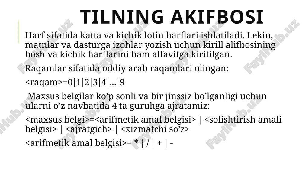 ining bittasinigina qabul qilishi mumkin. bu tip o’zgaruvchilarini e’lon qilish uchun bool hizmatchi so’zi ishlatiladi. hosilaviy tiplarni hosil qilish va ularni e’lon qilish yo’llarini kelgusi bo’limlarda to’liq tushuntirib o’tiladi. yuqorida sanab o’tilgan tiplar haqida to’liqroq ma’lumotlar keltirib o’tamiz. butun sonli tiplarga quyidagi tiplar kiradi: matematik standart funksiyalar c++ dasturlash tilida matematik standart funksiyalarni ishlatish uchun dasturga alohida kutubxonani chaqirilib olinadi. bu kutubxona math.h yoki cmath kalit so’zlari yordamida chaqiriladi. bu matematik kutubxonada matematika fanida ishlatiladigan barcha funktsiyalar berilgan. quyida keltirilgan jadvalda ba’zi matematik funktsiyalarni c++ dasturlash tilida yozilishi keltirilgan: matematik standart funksiyalar matematik standart funksiyalar bu funktsiyalardan tashqari o’zgarmaslarning ham qiymatlari berilgan. masalan, hammamizga ma’lum bo’lgan matematika kursidagi π soni c++ dasturlash tilida m_pi deb yoziladi. quyidagi jadvalda π soni bilan bog’liq bo’lgan o’zgarmaslar keltirilgan: matematik standart funksiyalar chiqarish operatorlari c++ dasturlash tilida dastur tuzish davomida biz turli ko’rinishdagi ma’lumotlarni kiritish va chiqarish amallarni bajaramiz. bu amallarni bajarish uchun biz …