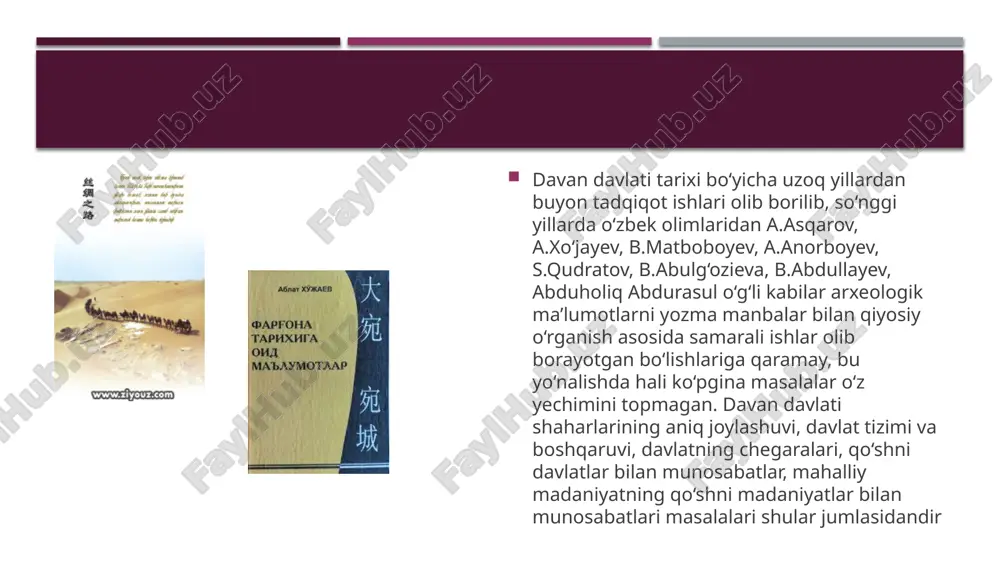 da qattiq qarshilikka uchraydilar. undan tashqari, o‘zgandda katta talofat ko‘rgan xitoy qo‘shinlari, qang‘lilardan yordam kelayotganini eshitgach imperator qo‘shinlari davanliklardan 3 mingta «samoviy tulpor»ni olib xitoyga qaytishga majbur bo‘ladilar. shunday qilib davan davlati xitoyliklardan o‘z mustaqilligini saqlab qolishga muvaffaq bo‘lgan. davan davlati ma’lum bir siyosiy uyushmani tashkil etgan bo‘lib, davlatni boshqaruvchi hukmdor manbalarda «van» (podsho) unvoni bilan ish yuritgani eslatiladi. manbalarda «van» unvoniga ega bo‘lgan motsay, chan fin, mug‘ua, yan’lyu kabi hukmdorlarning nomlari saqlanib qolgan. yagona hukmdor bo‘lgan podsho, ya’ni, «van» davlat ahamiyatiga molik bo‘lgan ishlarni oqsoqollar kengashiga suyangan holda olib borgan. manbalarning ma’lumot berishicha, podshoga yaqin kishilar (odatda uning qarindoshlari) orasidan yordamchilar - bitta katta yordamchi (fu van) va bitta kichik yordamchi (fu-go-van), tayinlangan. davlat hukmdori yoki podsho mamlakatning siyosiy va diniy hayotida katta ahamiyatga ega bo‘lgan. bu jarayonda oqsoqollar kengashining ham ahamiyati kam bo‘lmagan. oqsoqollar urush va sulh tuzish masalalarini hal etishda ishtirok etganlar, ba’zan ular hukmdorning taqdirini ham …