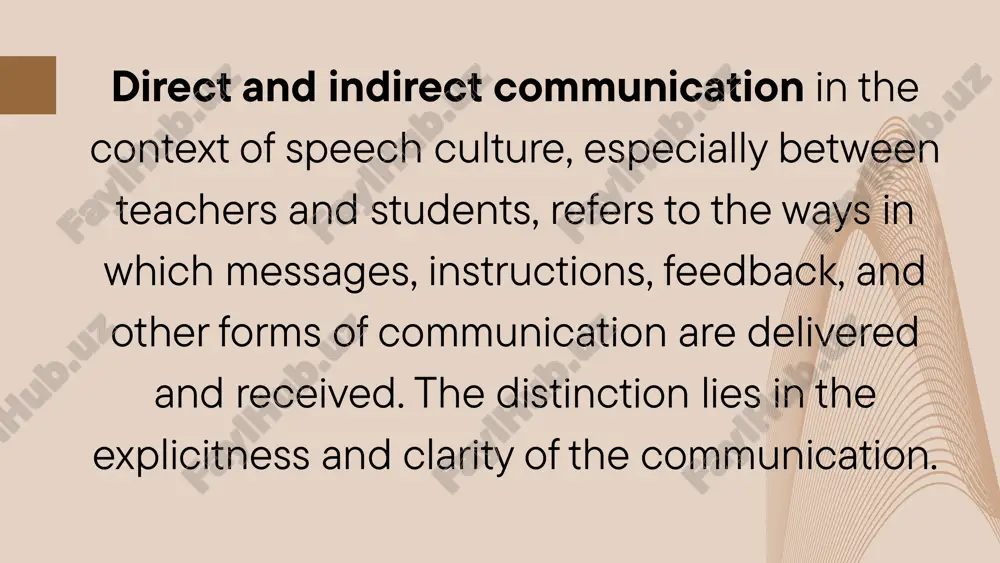 ffective communication and education. cultural norms refer to the shared expectations and rules that guide behavior in a group. in teaching speech culture, these norms can affect communication patterns in various ways: classroom interaction: some cultures promote a teacher-centered approach, where the teacher is the primary source of knowledge and authority, leading to patterns of communication that are more formal and hierarchical. in contrast, other cultures favor a student-centered approach, encouraging more interactive and participatory forms of communication. verbal and non-verbal communication: the acceptance and use of certain gestures, eye contact, and physical proximity can vary widely between cultures, affecting how students and teachers interact. for example, in some cultures, maintaining eye contact is a sign of respect and attentiveness, while in others, it might be considered confrontational or disrespectful. values values are the core principles and standards that are important to a cultural group, influencing people's behavior and attitudes: …