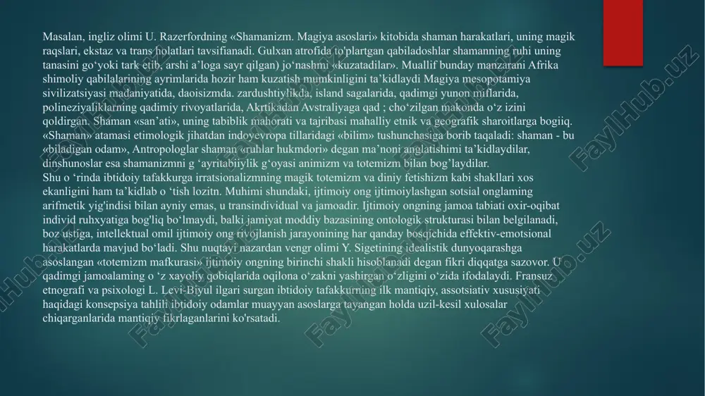 odamlar dunyosi va oliy, sakral dunyoga ajratish xosdir. sakral dunyoda mistik qahramonlar va xudolar yashaydi. aslini olganda bu insonning dunyo va unga nisbatan xulq-atvoming tegishli usullari haqidagi tasavvurlari yigindisidan boshqa narsa emas. u jamoa hayotim muayyan m e’yorlar va andozalarga muvofiq tartibga soluvchi ideal model hisoblanadi, boshqacha qilib aytganda, inson hayotini sakral kuchlar boshqaradi. «sakrallashtirilgan narsalar va hodisalargina muhimdir, - deb ta’kidlaydi v. toporov. - amalda kosmosning tarkibiy qismi hisoblanadigan, undan kelib chiqadigan, unga daxldor boigan narsalar va hodisalargina sakrallasht iriigandir». bu sakral sivilizatsiyalar odaminmg xulq-atvori va tafakkuriga xos boigan xususiyatlami tushuntiradi. sakral sivilizatsiyalarda din vertikal dunyo modeli sifatida amal qilgan. bu yerda odamlar taqdirini boshqaruvchi kuchlar sirli dunyoda mavjud b oigan va insonga bovsunmagan, diniy-mifologik (sakral) madaniyatlar zamirida aynan bir taraflama vertikal bogianishlar dunyosi yotadi. bu dunyoda inson o‘z voqeligi subyekti hisoblanmaydi, odamlar yashayotgan voqelik g‘ayritabiiy, ilohiy dunyoga bogiiq boiadi. fikrlash, narsalar va hodisalami tushuntirish usuli va tartibi dunyoning …