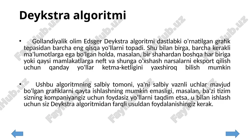 a ulardan uzimga kerakli malumotlarni oldim. foydalanilgan adabiyotlar . t..kormen, ch.leyzerson, r.rivest. algoritmi: postroenie i analiz ser:klassicheskie uchebniki. m.: mtsnmo, 2001.- 960 s. cormen, thomas h.; leiserson, charles e.; rivest, ronald l.; stein, clifford (2001). "section 24.3: dijkstra's algorithm". introduction to algorithms (second ed.). mit press and mcgraw–hill. pp. 595–601. isbn 0-262-03293-7. dial, robert b. (1969). "algorithm 360: shortest-path forest with topological ordering [h]". communications of the acm. 12 (11): internet sahifalari va wikipedia ma’lumotlari e’tiboringiz uchun katta raxmat !!! image1.png image2.png image3.png /docprops/thumbnail.jpeg