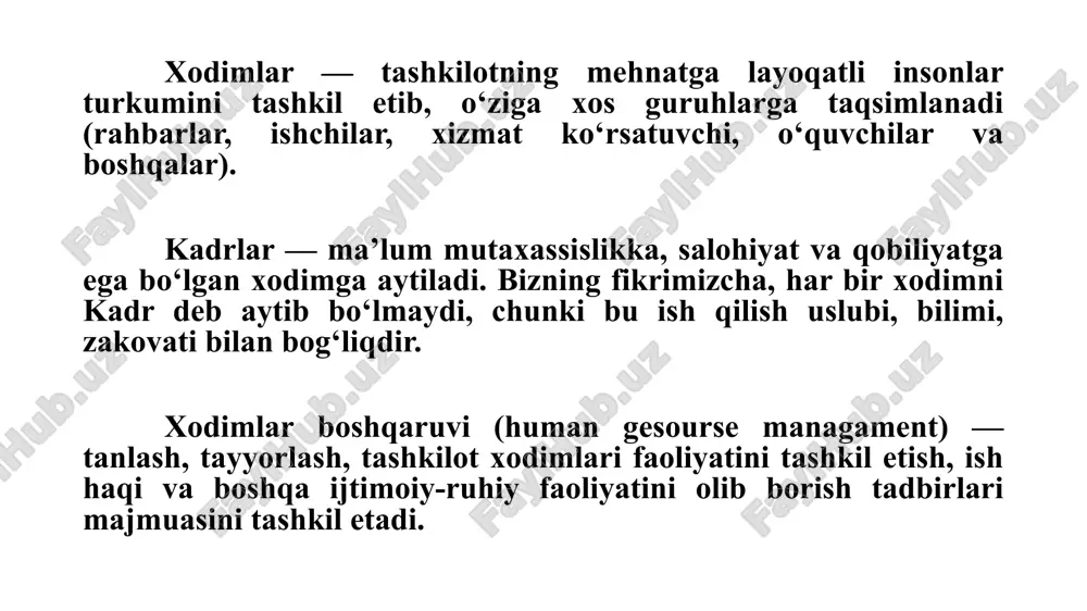 rni boshqarish xizmatidagi masalalar ikki yo‘nalishda xodimlar bilan ishlashni tashkil qilishni taqazo etadi. bu yo‘nalishlar quyidagilardan iborat. birinchi yo‘nalish: a) xodimni ijtimoiy himoyalash (sog‘lik to‘g‘risida doimiy g‘amho‘rlik, o‘z vaqtida dam olishini taminlash, yashash sharoitlarini yaxshilash va oqilona ovqatlanishni tashkil qilish); b) ilg‘or xodimlarni mukofotlash dasturlari (mukofotlar, yorliqlar, yo‘llanmalar, unvonlar, ordenlar va boshqalar); v) ish sharoitini yaxshilash, jamoada ijodiy psixologik muhitni hosil qilishni ta’minlash to‘g‘risida rahbar xodimga ko‘rsatma va takliflar ishlab chiqish. ikkinchi yo‘nalish — huquq va tartib-intizom yo‘nalishi — xodimlar bilan rahbariyat orasida keng ko‘lamli o‘zaro munosabat masalalarini qamrab oladi (mehnat munosabatlari, nizolar, to‘qnashuvlar, lavozimdagi rahbarlar va xodimlar uchun yo‘riqnomalar, ikki tomonlama tuzilgan shartnomalar, har xil mazmundagi arizalar va boshqalar). ijodiy fikrlash nima? ijodiy fikrlash bu asl muammoga g'ayrioddiy va yaxshi echimlarni yaratishdir. ijodiy fikrlash sizga topshiriqlarga tezroq javob berishga, qiyin vaziyatlardan mohirona chiqib ketishga, namunalardan tashqarida yashashga va ajoyib g'oyalarni yaratishga yordam beradi. ushbu tamoyilga ko'ra, ijodiy fikrlashning ikki …