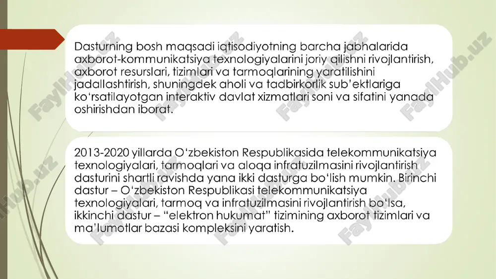 boshqa turdagi hisobotlarni shakllantirishlari va yuborishlari, turli to'lovlarni amalga oshirishlari,turli ma'lumotlarni olishlari va boshqa turdagi interaktiv davlat xizmatlaridan foydalanishlari mumkin. respublikamizda "elektronhukumat"ni yanadarivojlantirish va takomillashtirish, interaktiv davlat xizmatlarini takomillashtirish maqsadida vazirlik va idoralar bilan hamkorlikda tadbirkorlik sub'ektlari uchun quyidagi xizmatlarni joriy etish uchunchora-tadbirlarni ishlab chiqish topshirilgan internet orqali davlat xizmatlarini ko‘rsatishni takomillashtirish; e-hukumat tizimining idoralararo munosabatlarini takomillashtirish va biznes jarayonlarni modernizatsiyalash (bjm)ning samarali mexanizmlarini joriy qilish; «elektron hukumat» tizimini rivojlantirish markazi salohiyatini mustahkamlash orqali e-hukumatning institutsional taraqqiyotini kuchaytirish. kutilayotgan natijalar: 1-natija. internet orqali davlat xizmatlarini ko‘rsatish sifati oshdi (front-ofis) 2-natija. e-hukumatning idoralararo muvofiqligi yaxshilandi va bjmning samarali mexanizmlari joriy qilindi (bek-ofis) 3-natija. mamlakatda e-hukumatni institutsional takomillashtirish ishlari «elektron hukumat» tizimini rivojlantirish markazi salohiyatini ko‘tarish orqali amalga oshirildi. (barqarorlik)